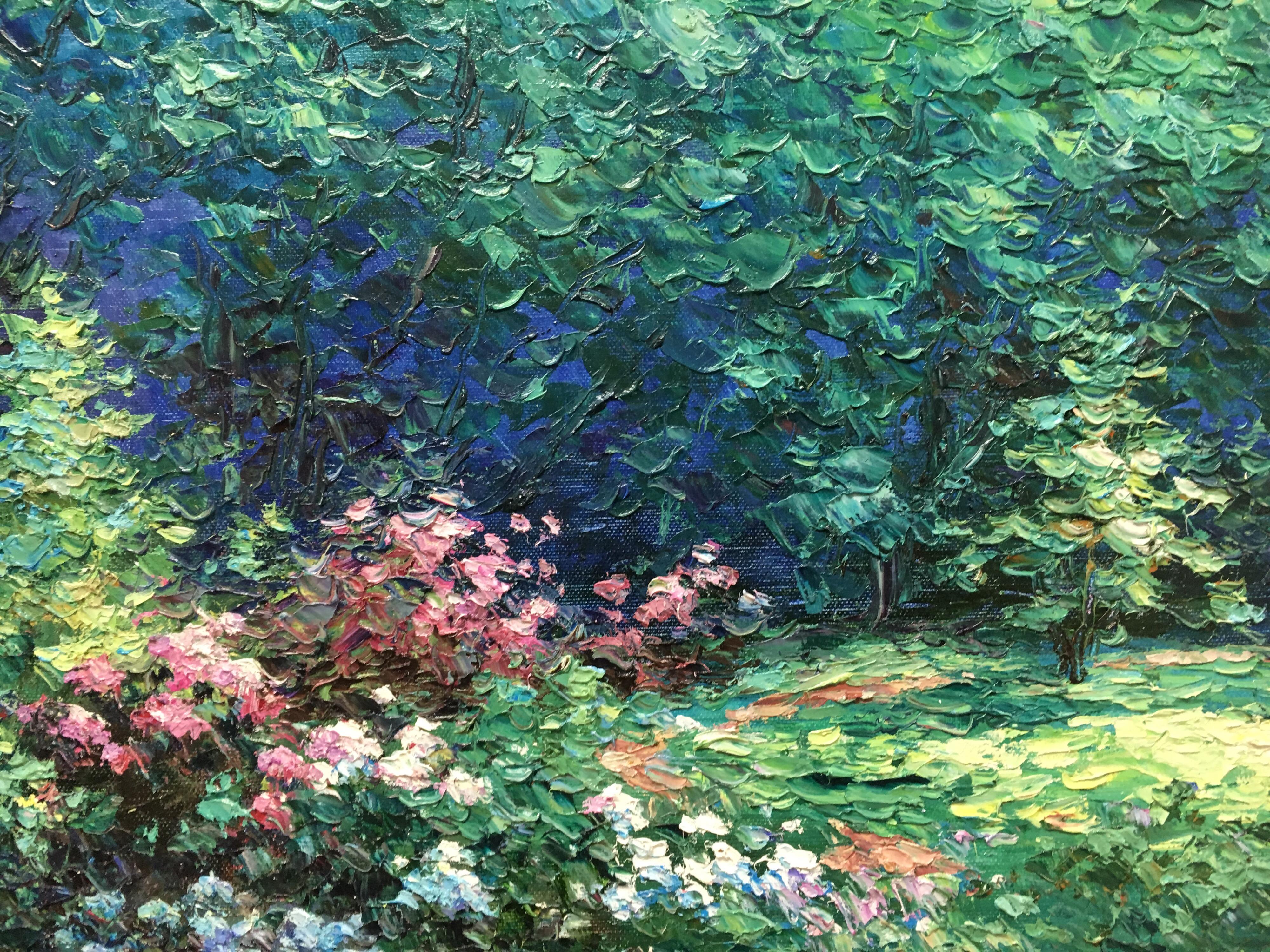 Charles Zhan Original Oil Painting Signed Best Seat Garden Scene 7