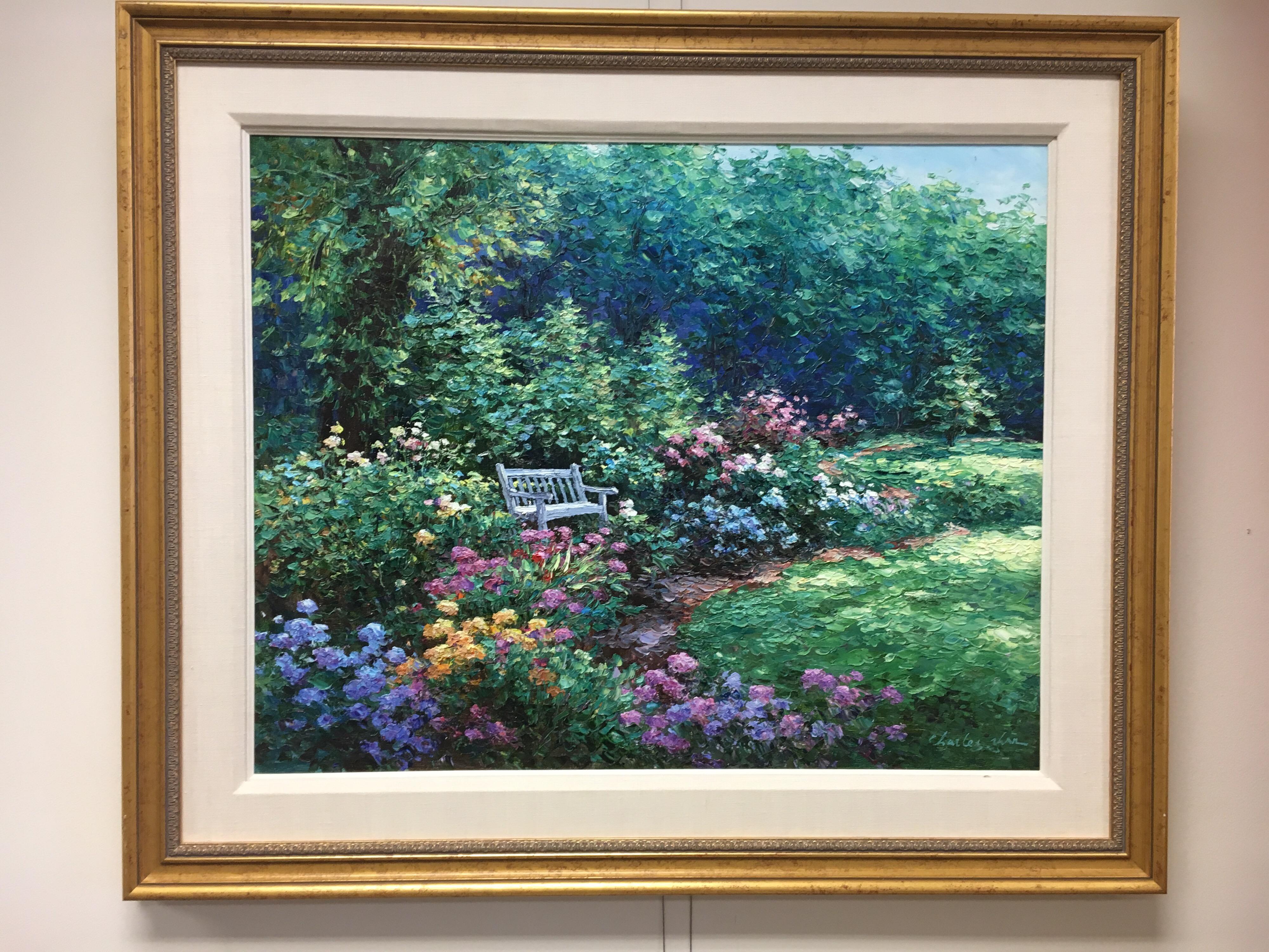 Original signed oil on canvas framed in elegant gilt wood frame by the artist Charles Zhan.
The painting is titled 