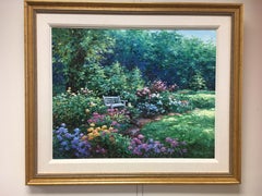 Charles Zhan Original Oil Painting Signed Best Seat Garden Scene