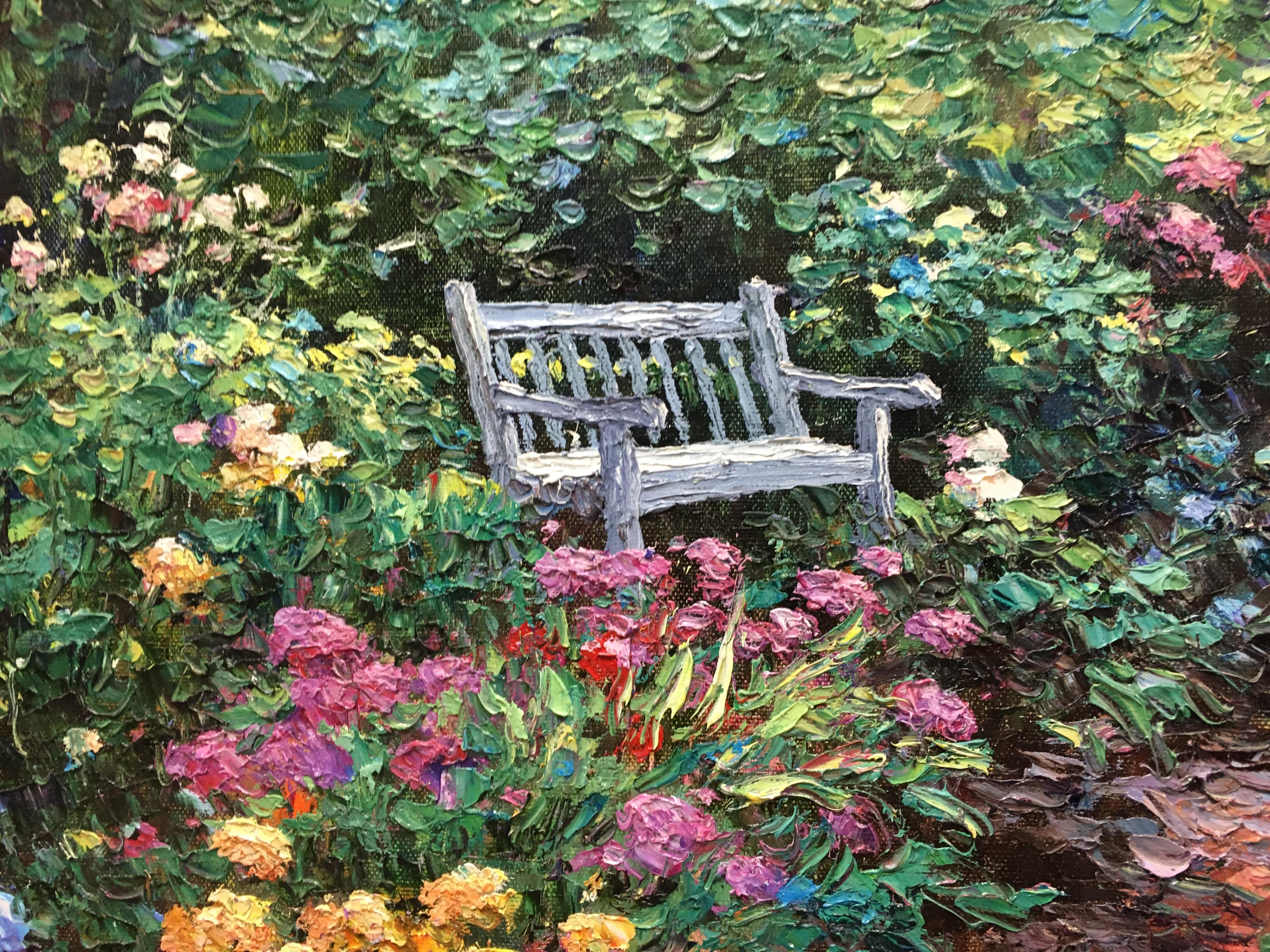 20th Century Charles Zhan Original Oil Painting Signed Best Seat Garden Scene