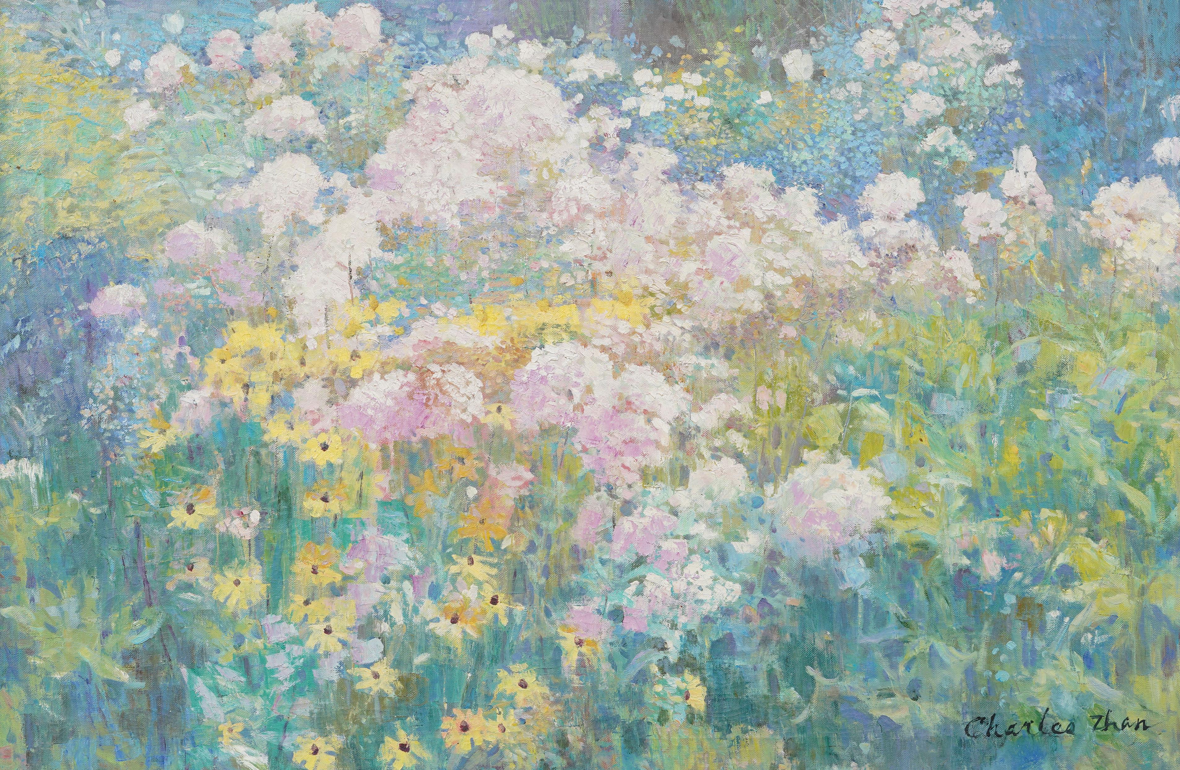 Grande dipinto a olio con cornice firmata dell'Impressionista americano Wild Flower Landscape - Painting Impressionismo di Charles Zhan
