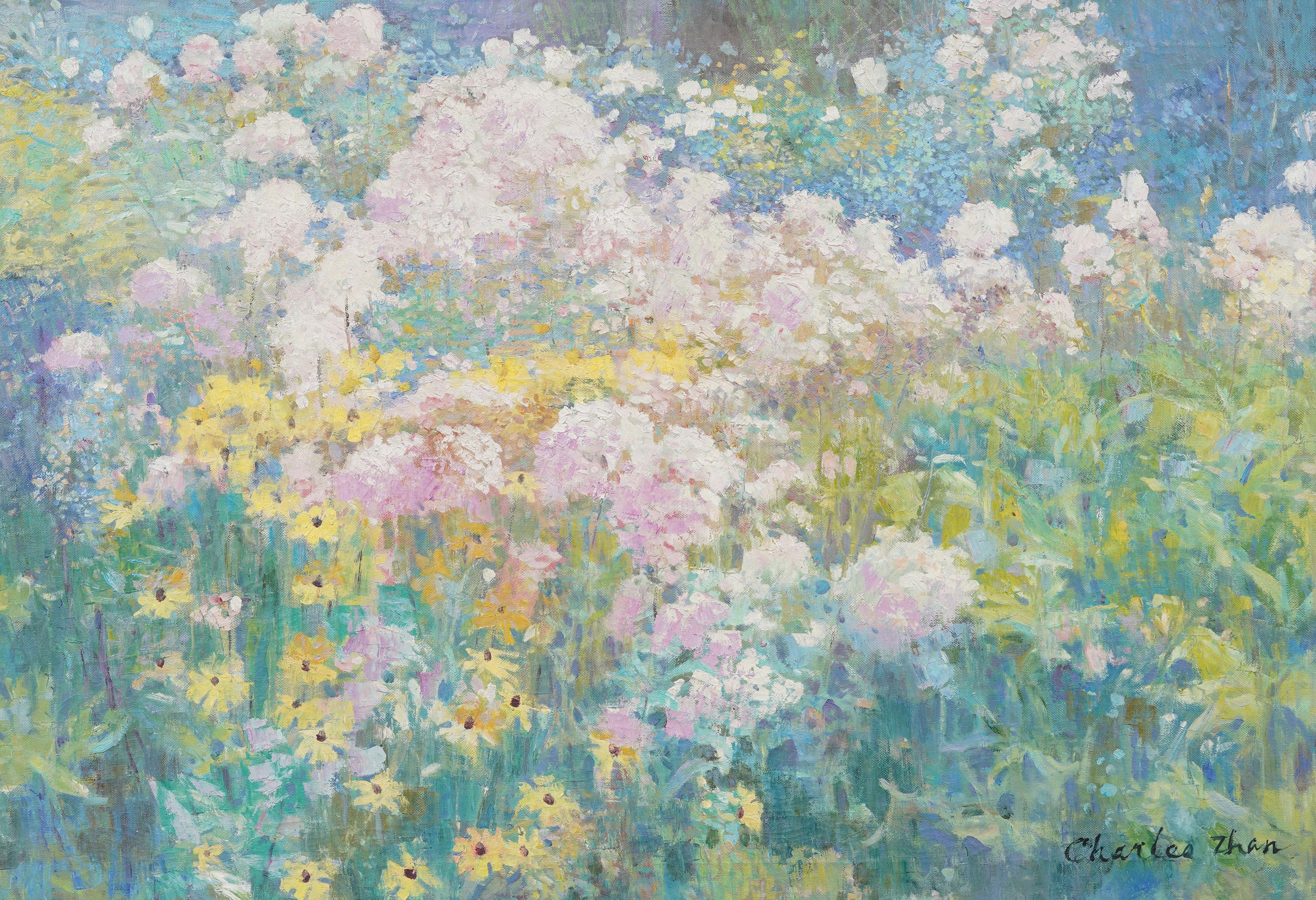 Grande dipinto a olio con cornice firmata dell'Impressionista americano Wild Flower Landscape - Landscape Painting Grigio di Charles Zhan