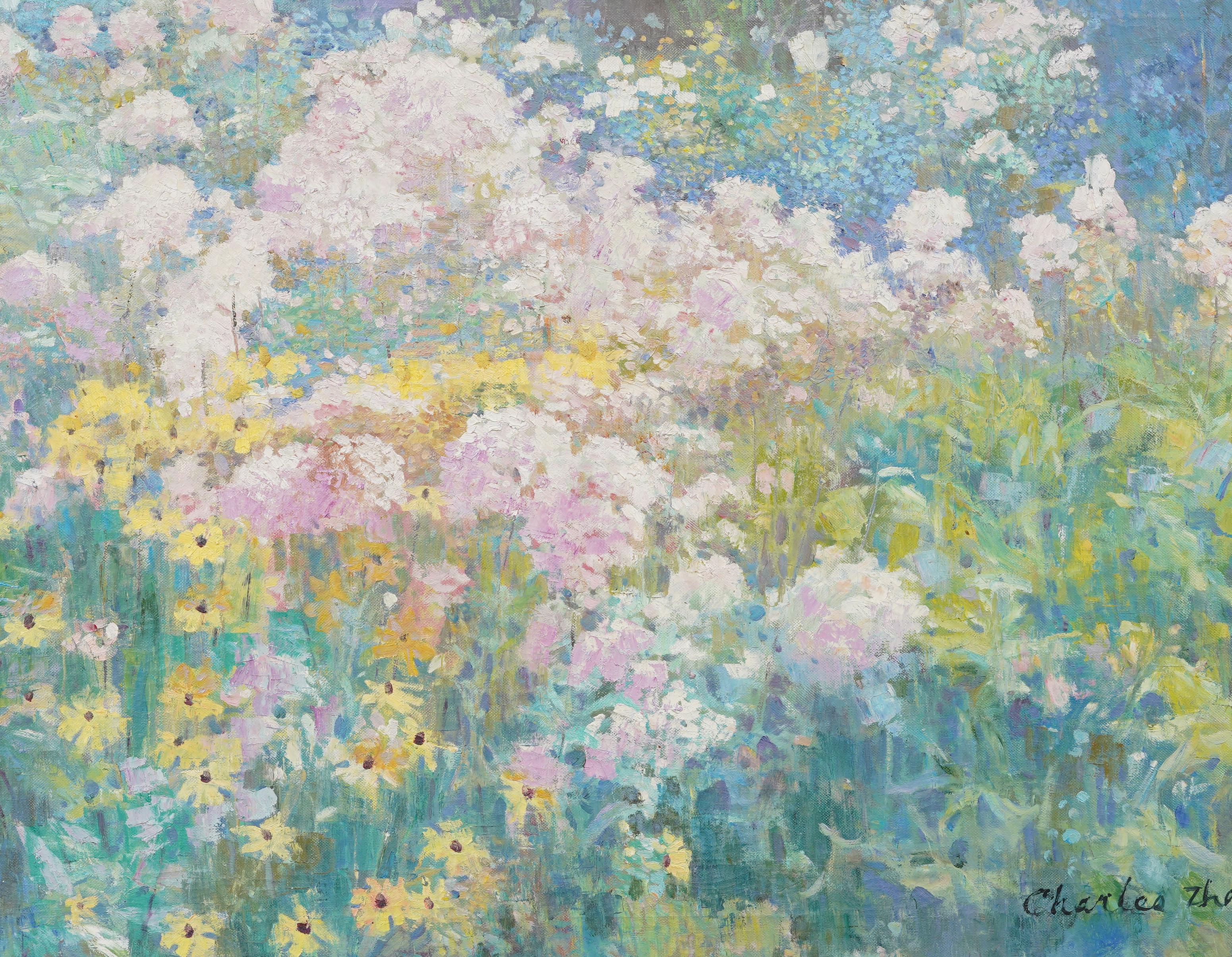 Grande dipinto a olio con cornice firmata dell'Impressionista americano Wild Flower Landscape in vendita 2