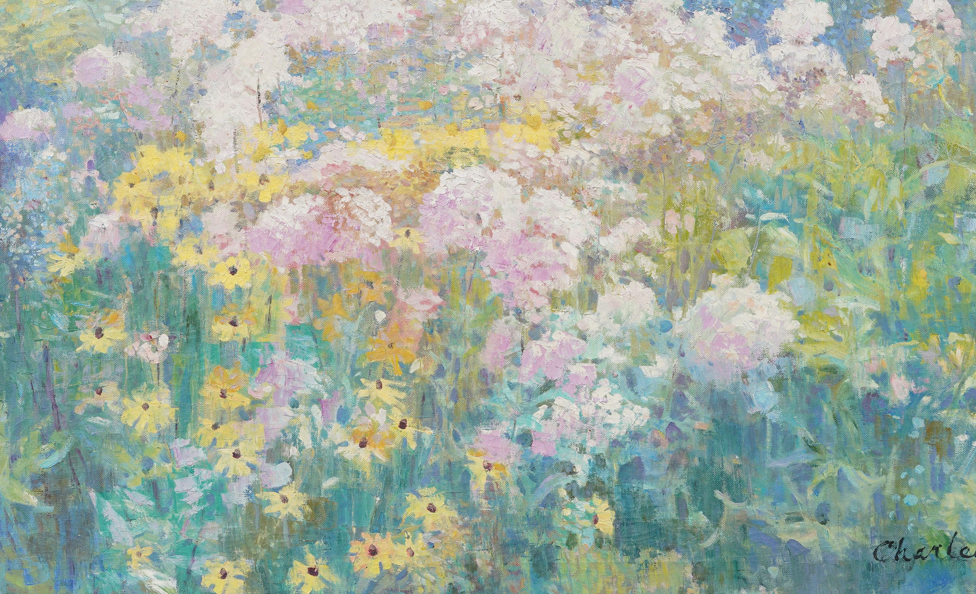 Grande dipinto a olio con cornice firmata dell'Impressionista americano Wild Flower Landscape in vendita 3