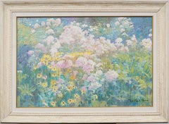 Grande dipinto a olio con cornice firmata dell'Impressionista americano Wild Flower Landscape
