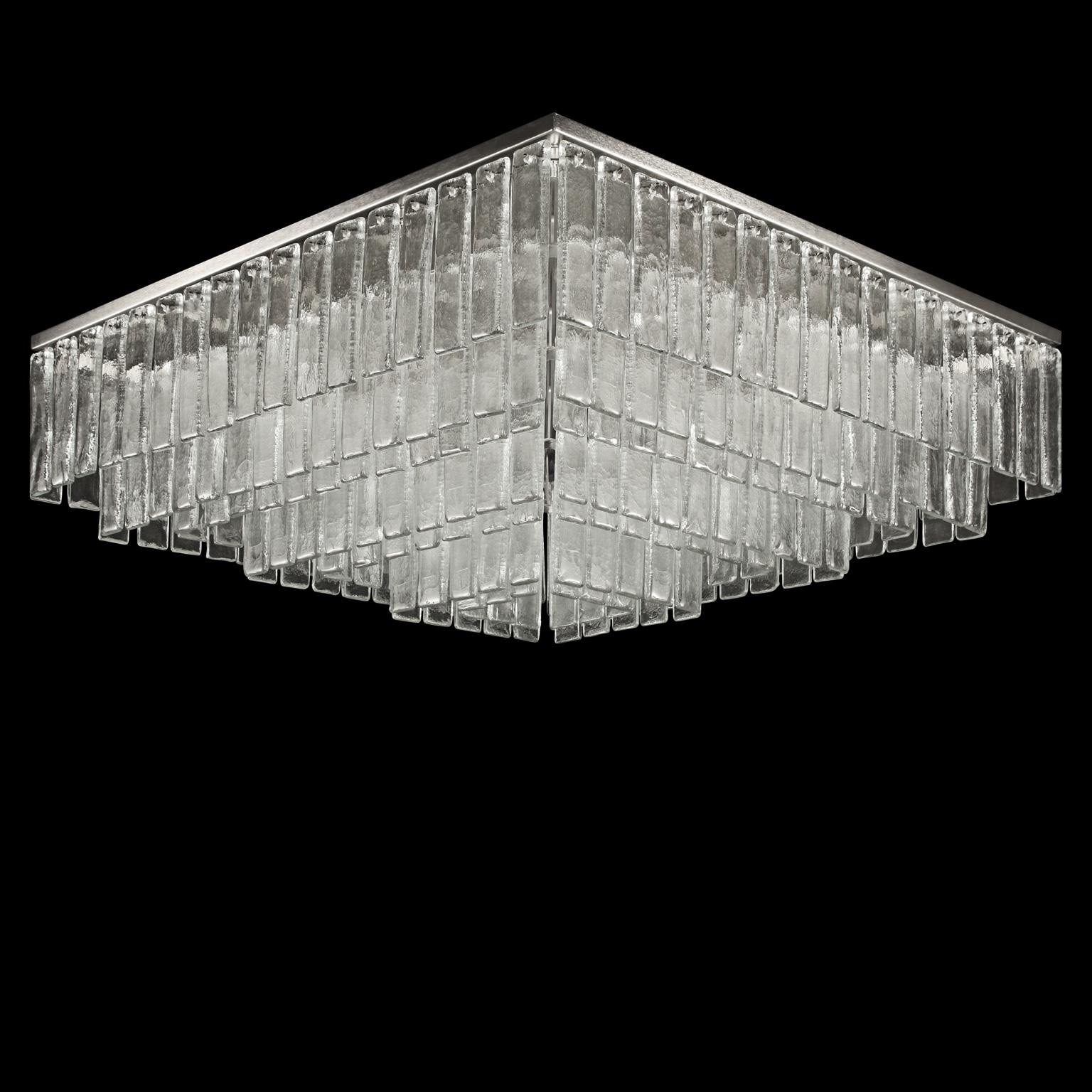 Charleston ceiling light, crystal glass listels, brushed nickel squared fixture by Multiforme
The modern style ceiling light Charleston, from our Progressive collection, is an extremely versatile lighting work that can be customized in many