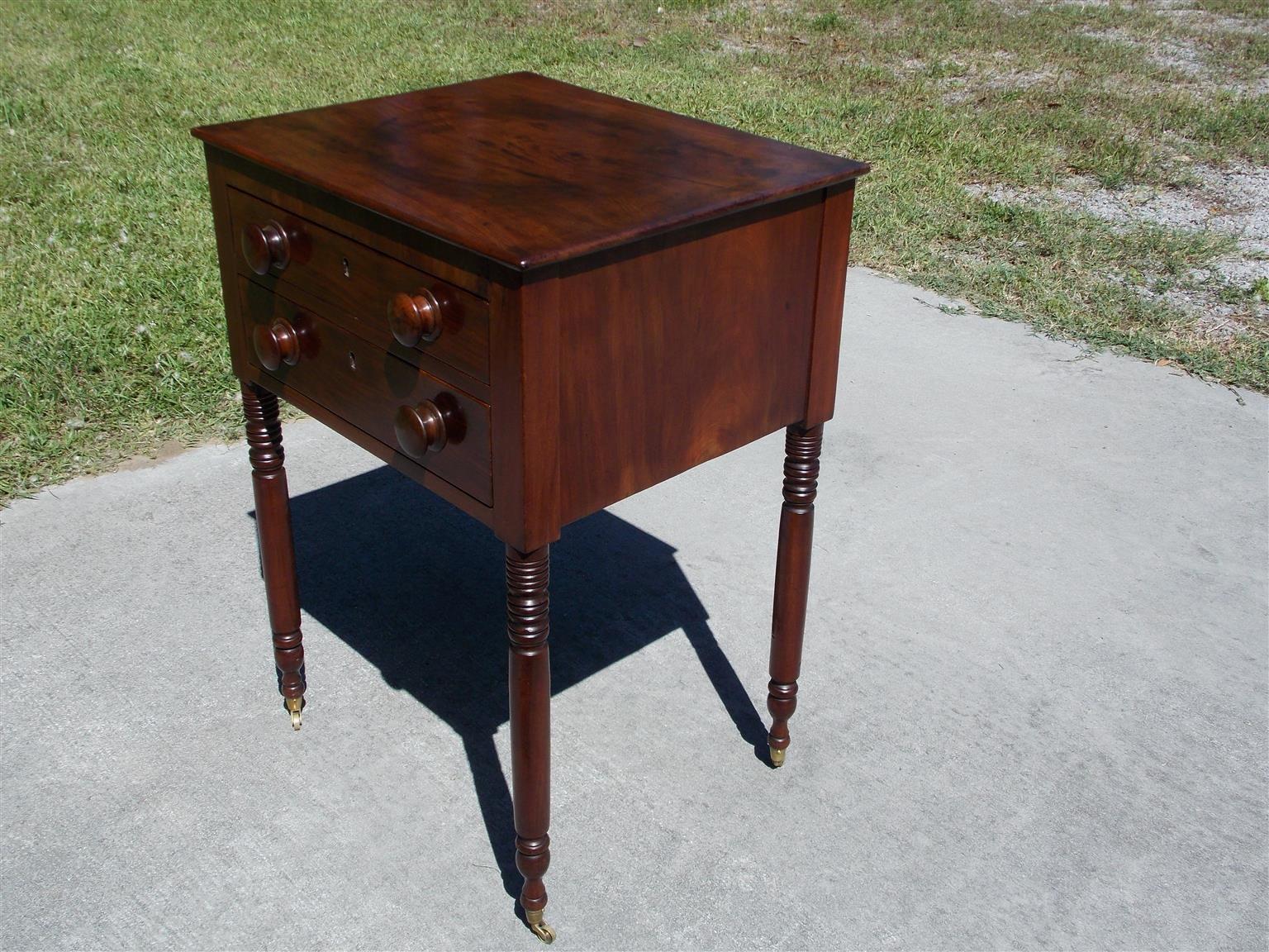 American Charleston Federal Mahogany Stand with Original Wood Knobs & Casters. Circa 1820