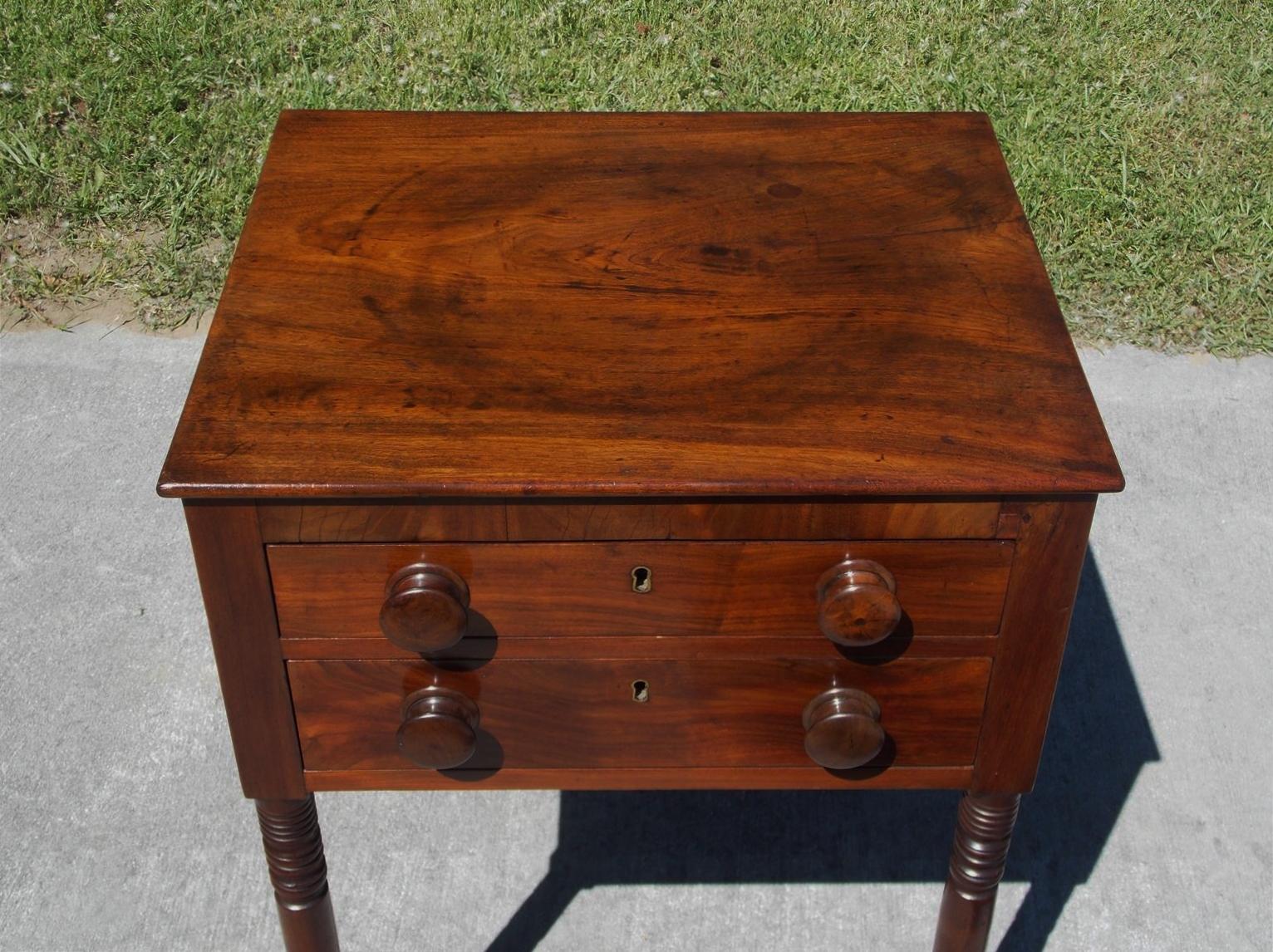 Hand-Carved Charleston Federal Mahogany Stand with Original Wood Knobs & Casters. Circa 1820