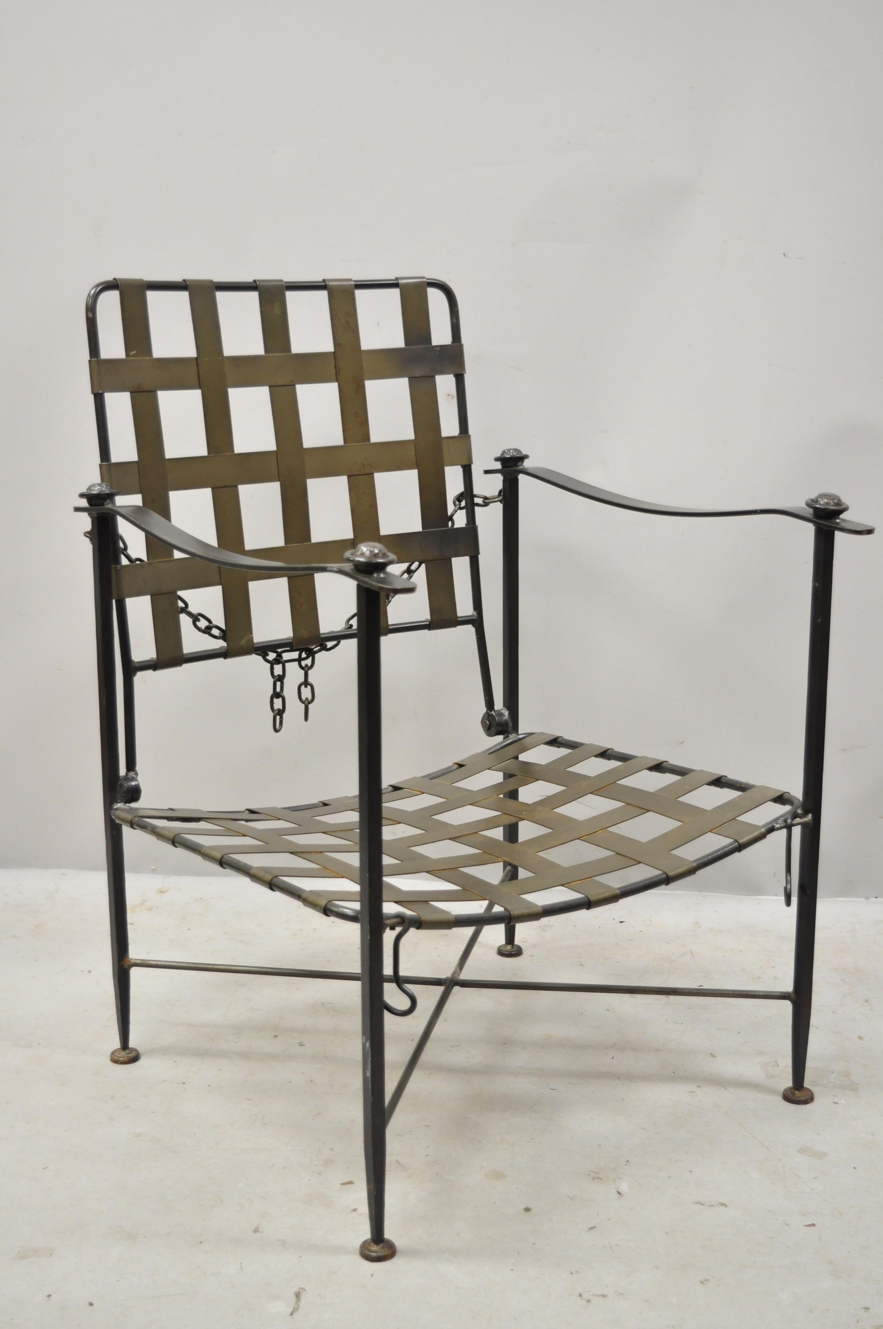 Charleston Forge Arts & Crafts Gothic heavy wrought iron adjustable lounge chair. Item features an adjustable back rest, lattice design, heavy wrought iron construction, original label, quality American craftsmanship, great style and form, circa