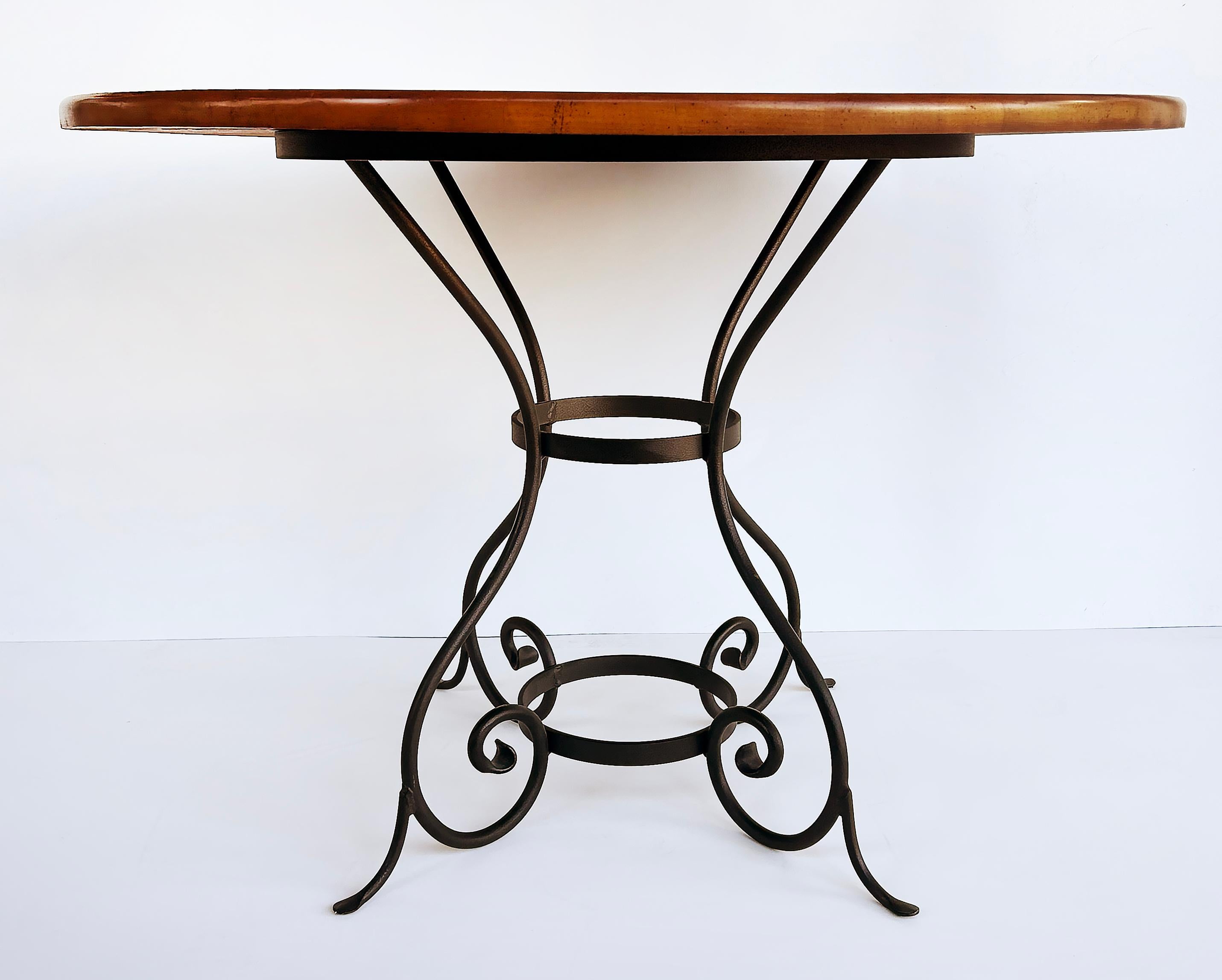 American Charleston Forge Wood Dining Center Table, Wrought Iron Base For Sale