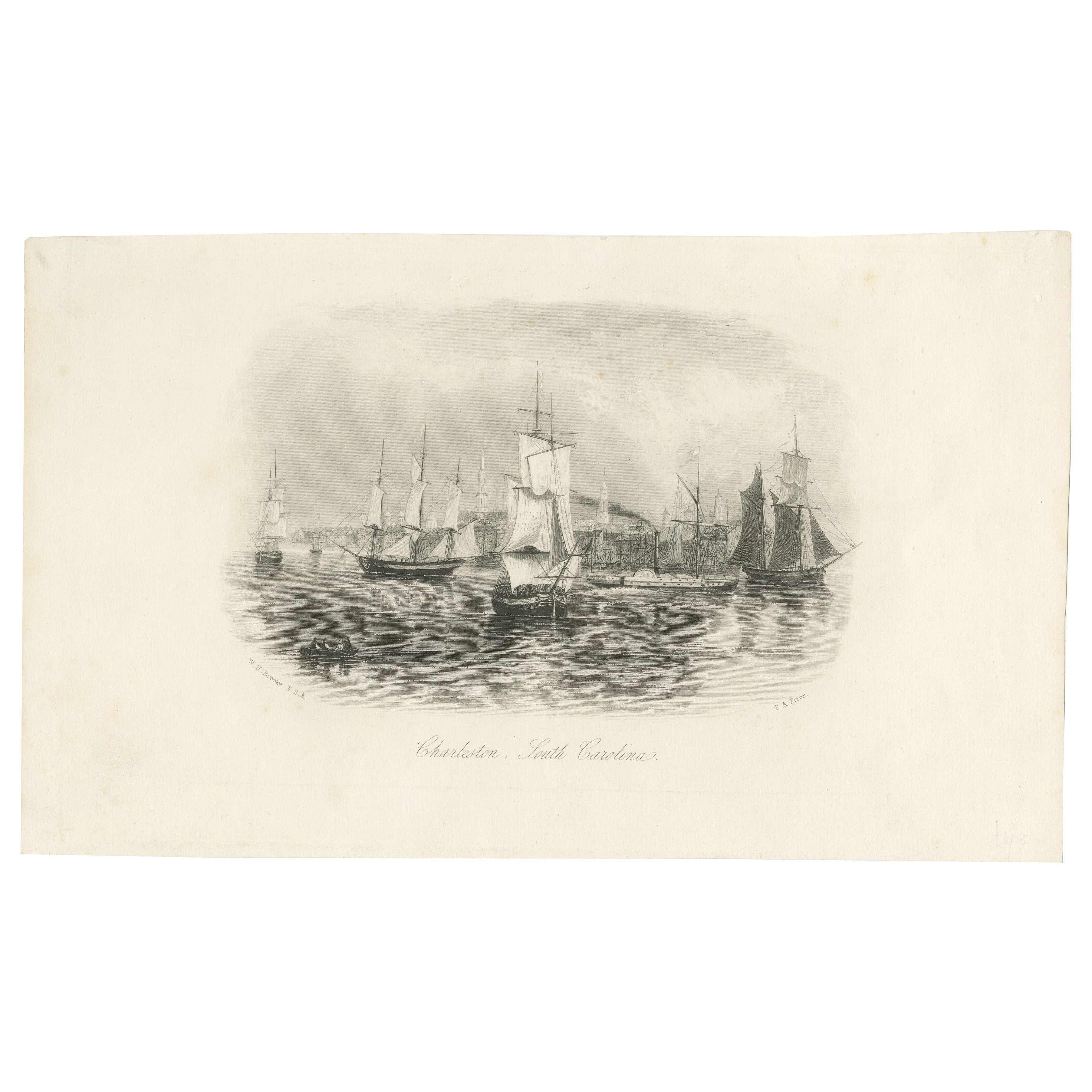 Port de Charleston, Caroline du Sud - Vue du port américain, navires à voile, c.1850.