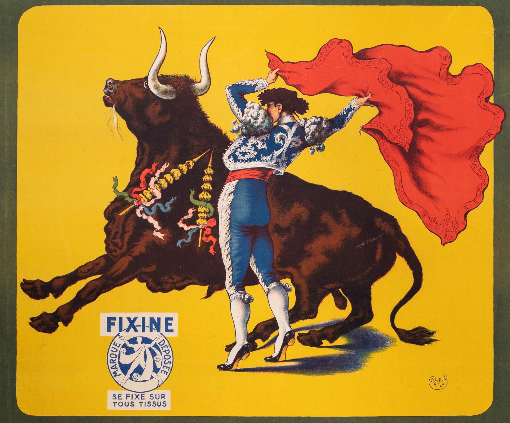 French Charlet, Original Vintage Poster, Fixine, Garment Dye, Bullfight, Bull, 1925 For Sale