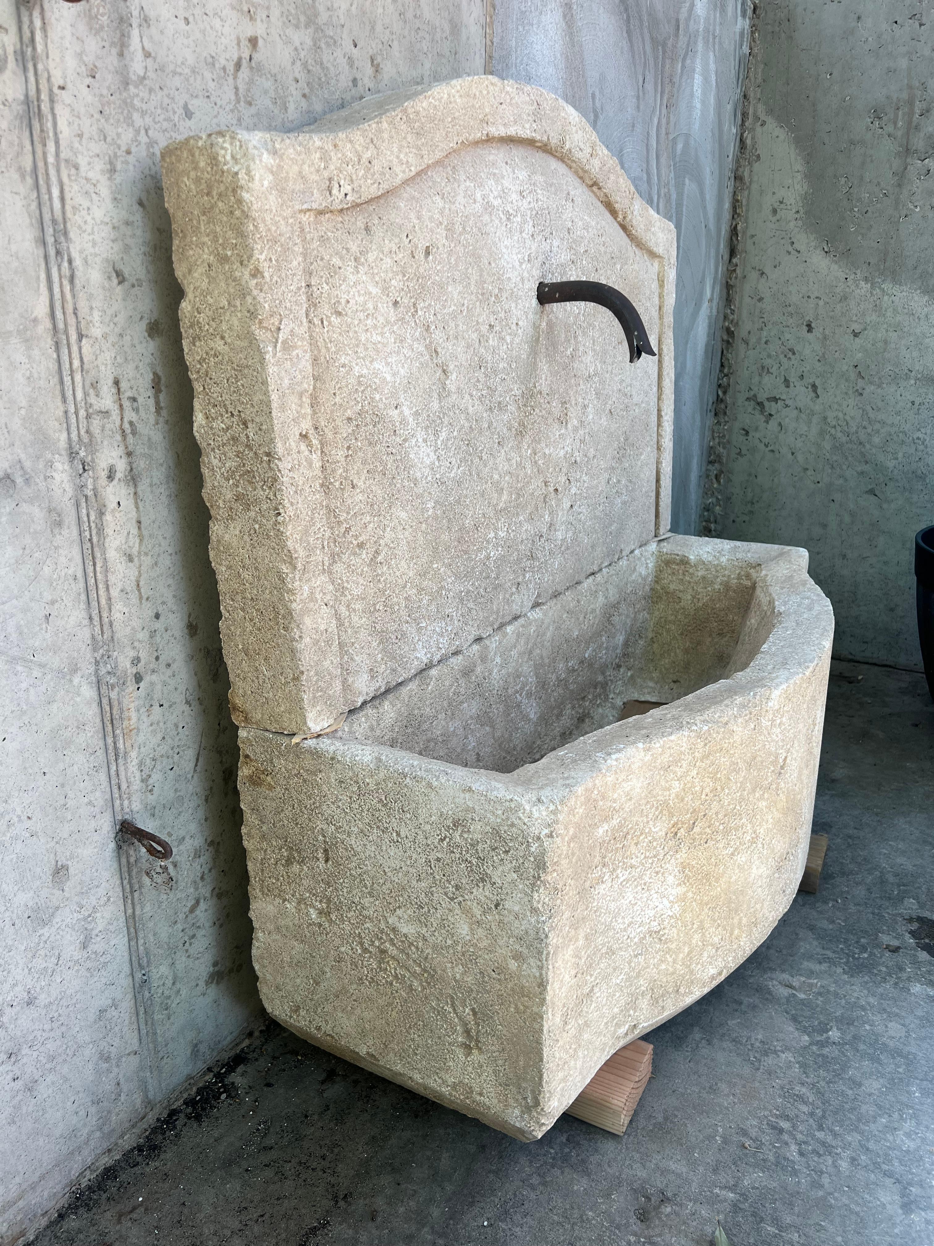 Hand-Carved Charleval 2-Piece Limestone Wall Fountain from Provence, France For Sale