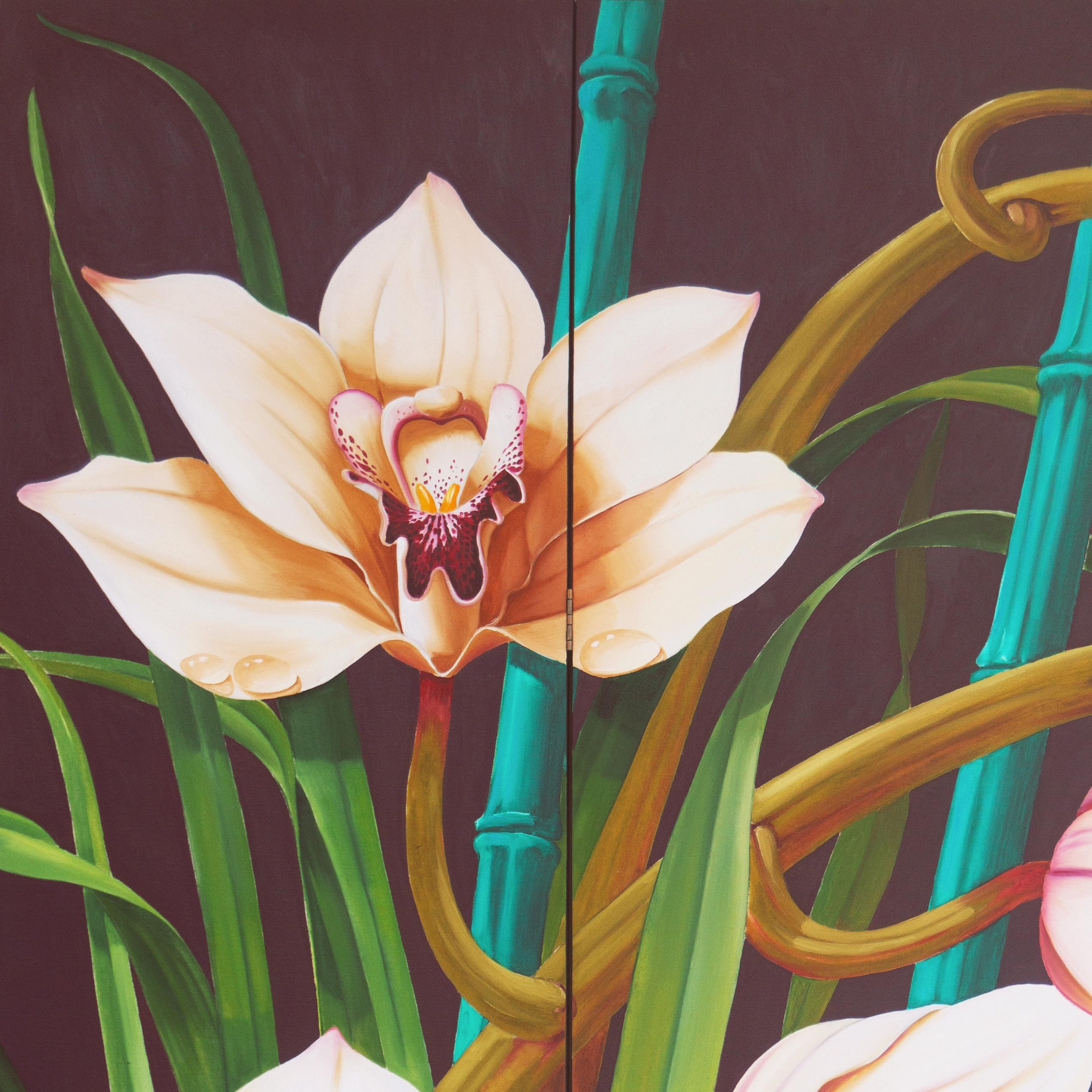  'Cymbidium Orchids', Large Four-Panel Screen, Paris, Basel, Smithsonian Museum 4