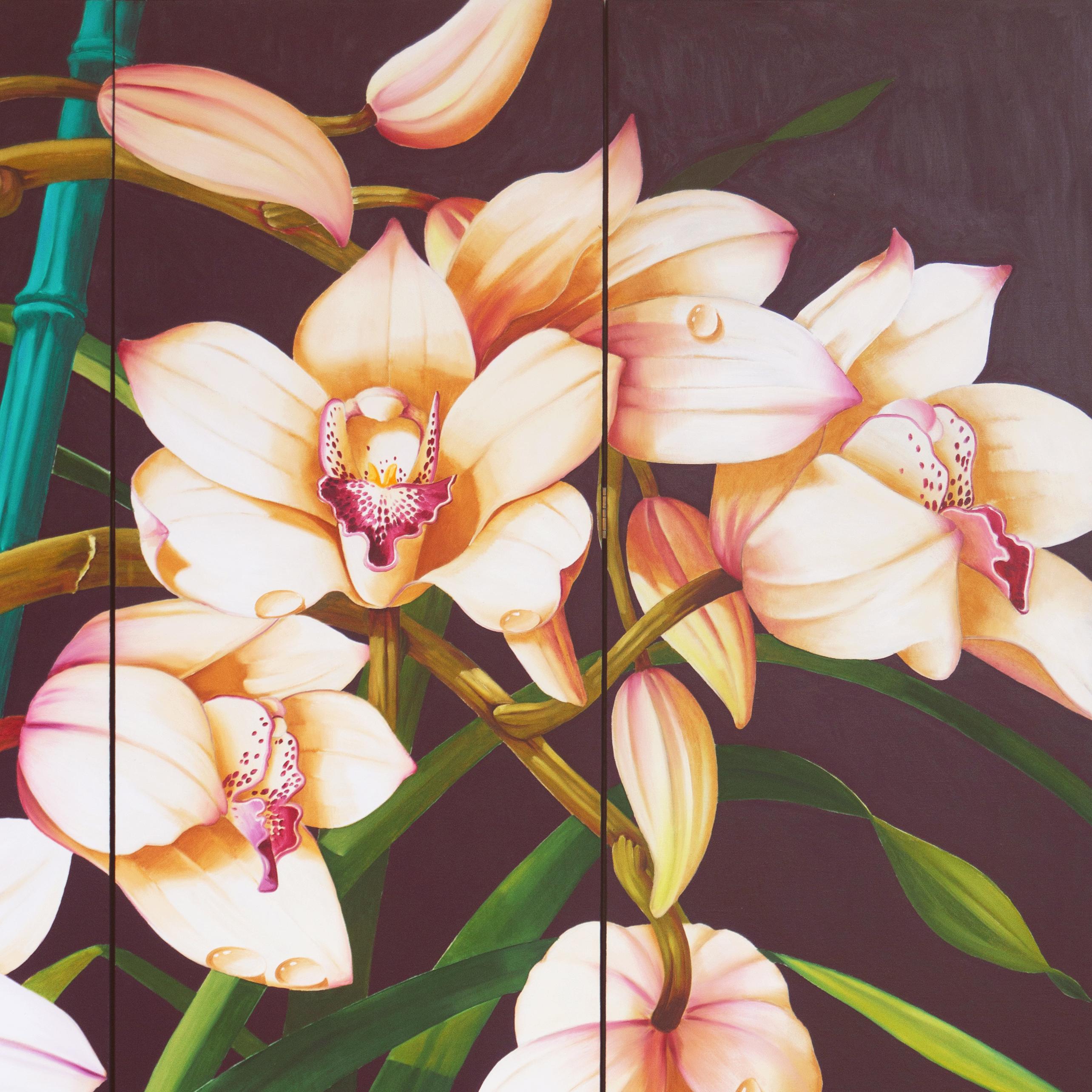  'Cymbidium Orchids', Large Four-Panel Screen, Paris, Basel, Smithsonian Museum - Realist Painting by Charley Brown