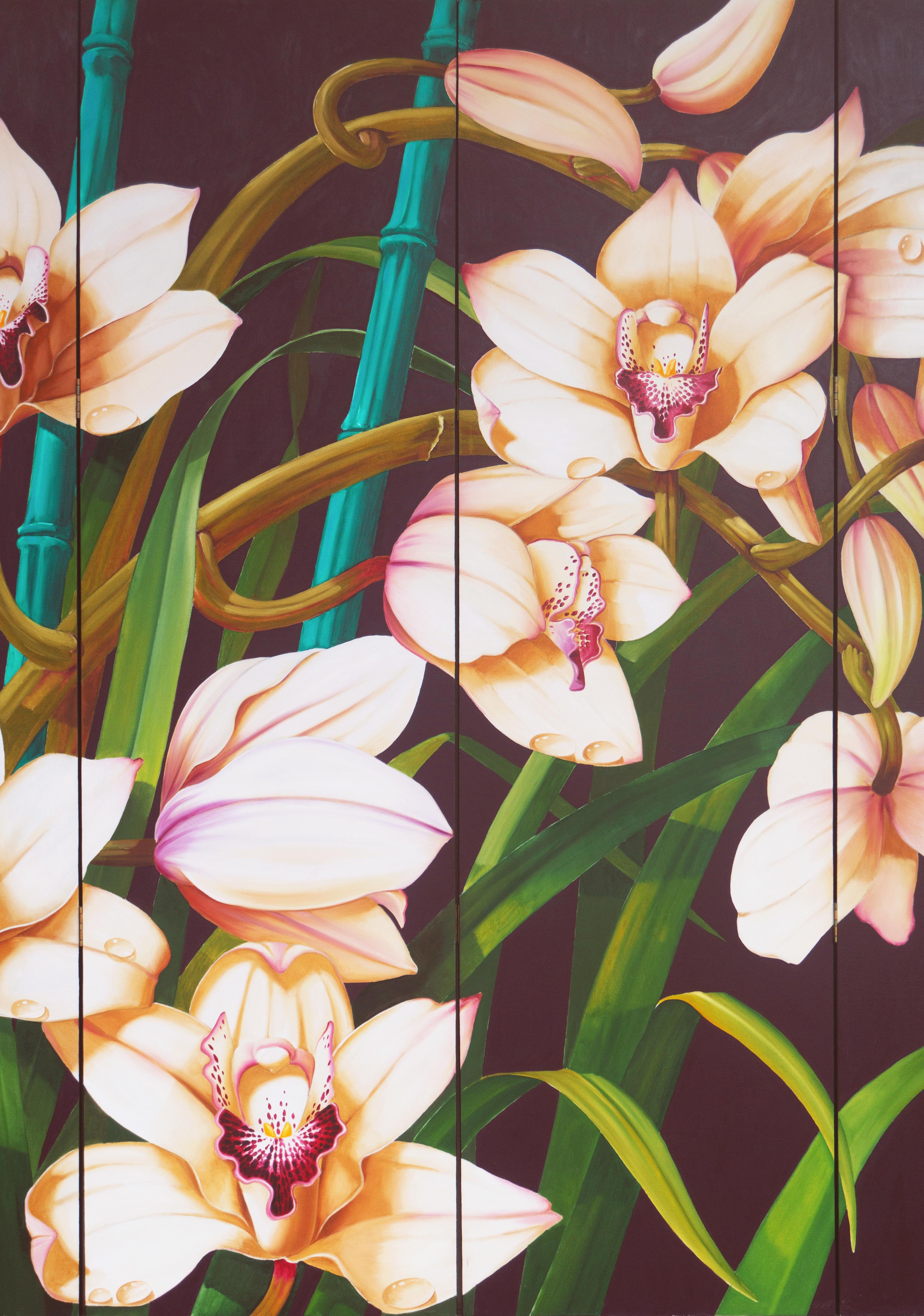 Signed, lower right of right-hand panel, with monogram, 'C.B.' for Charley Brown (American, 1945-2018) and dated 1980. 

A substantial, four-panel painted screen showing a view of elegant Cymbidium orchid blossoms and foliage slashed with jade