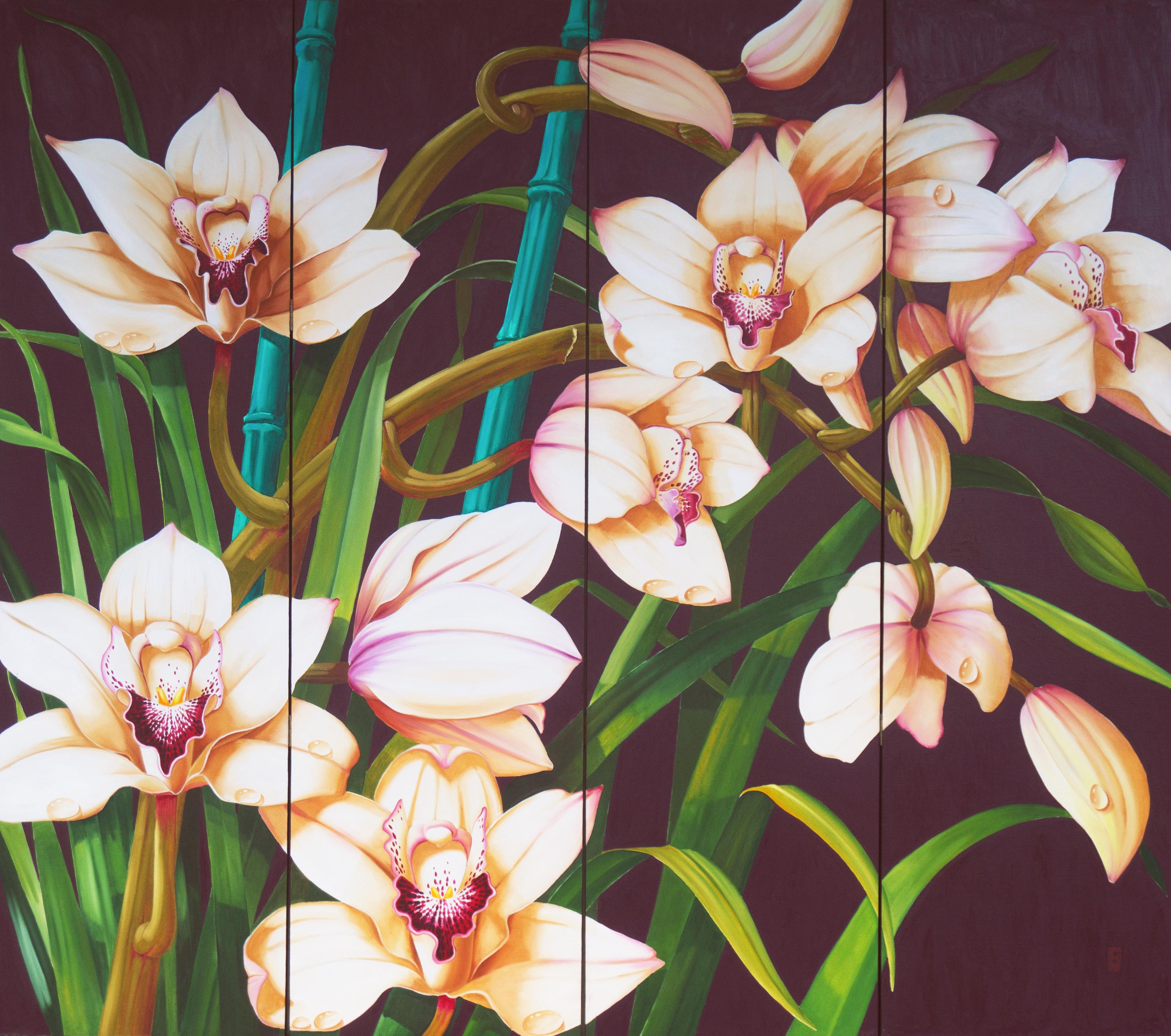  'Cymbidium Orchids', Large Four-Panel Screen, Paris, Basel, Smithsonian Museum - Painting by Charley Brown