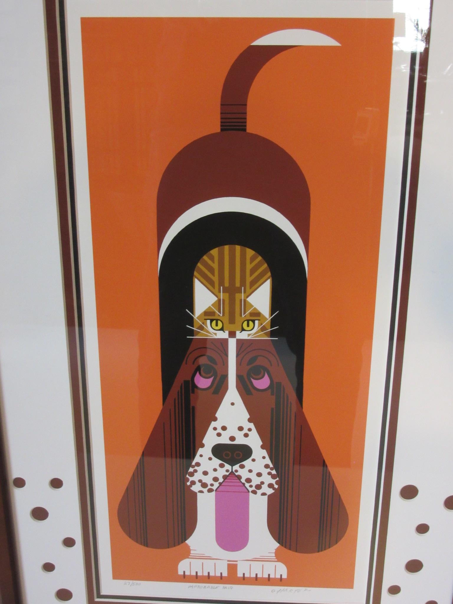 From the studio of famed midcentury wildlife and animal artist Charley Harper this basset hound and tabby cat colorful serigraph titled 