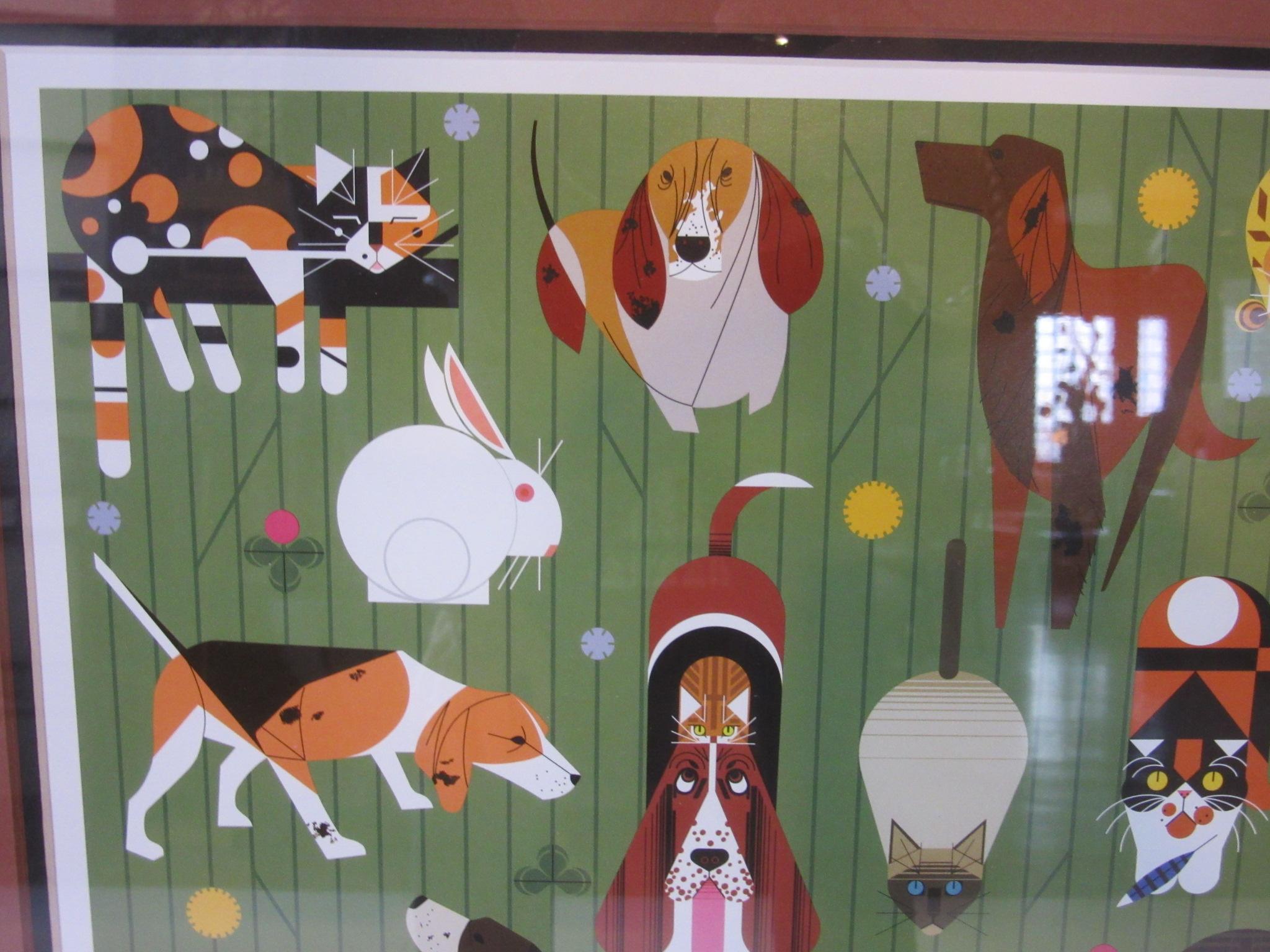 A assorted mix of dogs, cats and birds in a colorful montage titled 