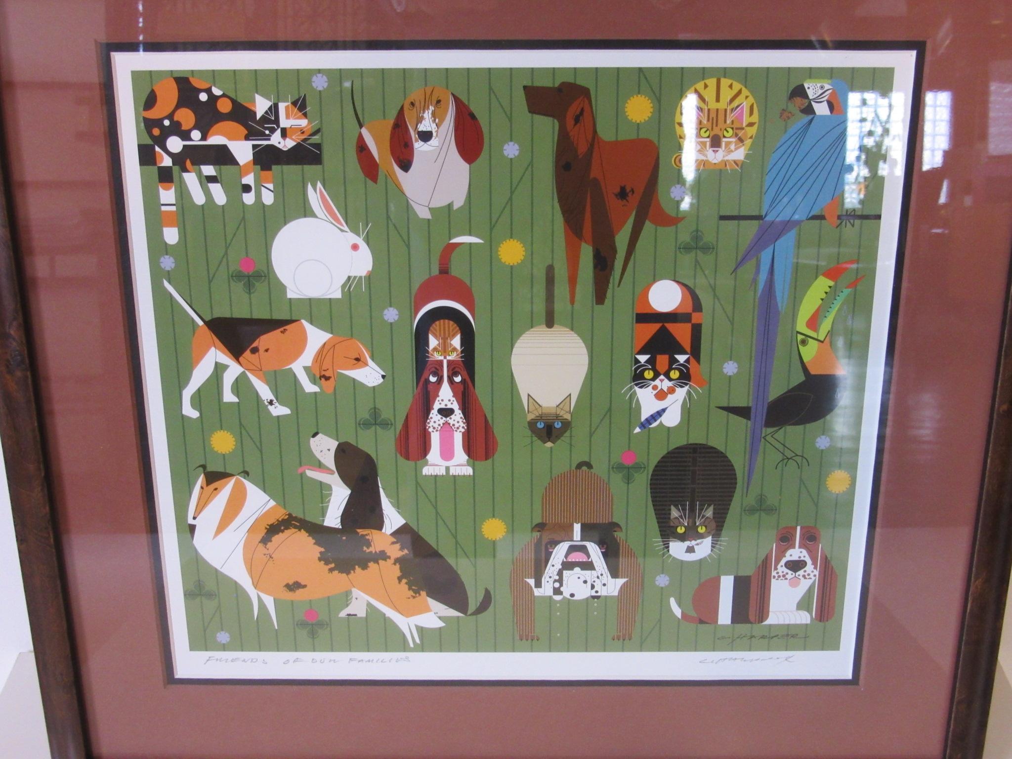 Mid-Century Modern Charley Harper Midcentury Dog, Cat and Bird Serigraph Artist Signed