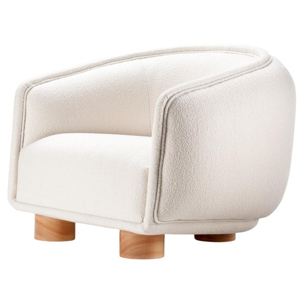 Charlie Armchair with Bouclé Snow Structure and Natural Wood Feet