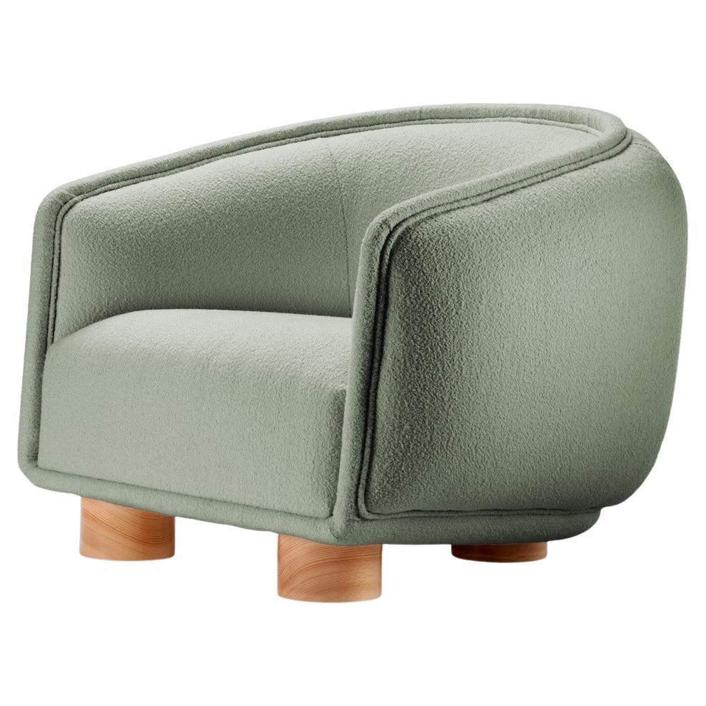 Charlie Armchair with Bouclé Celadon Structure and Natural Wood Feet
