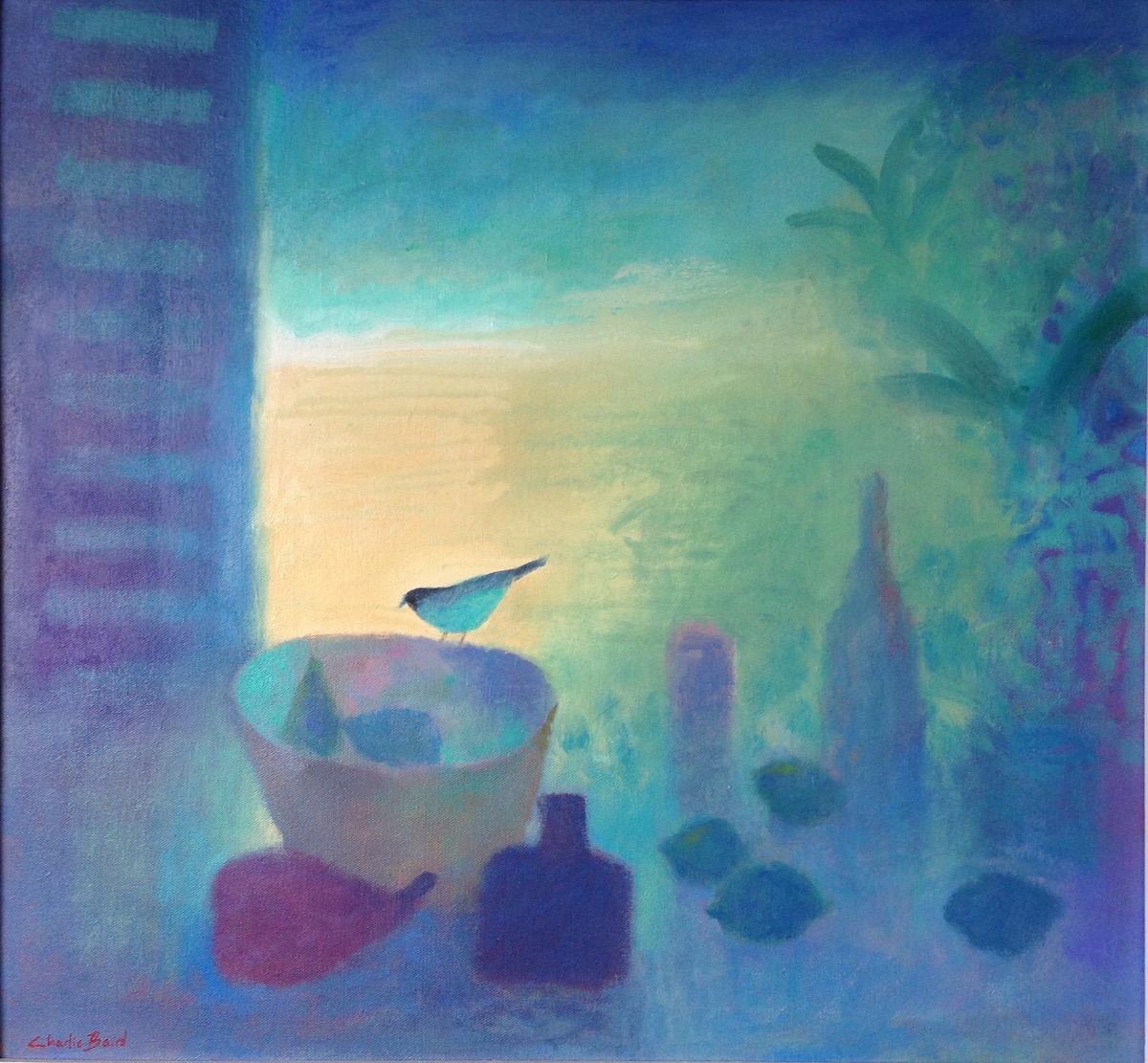 Obturador azul y bodegón con pájaro y comida - Painting moderno estadounidense de Charlie Baird