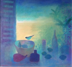 Charlie Baird, nature morte avec oiseau et fruits, peinture originale de nature morte