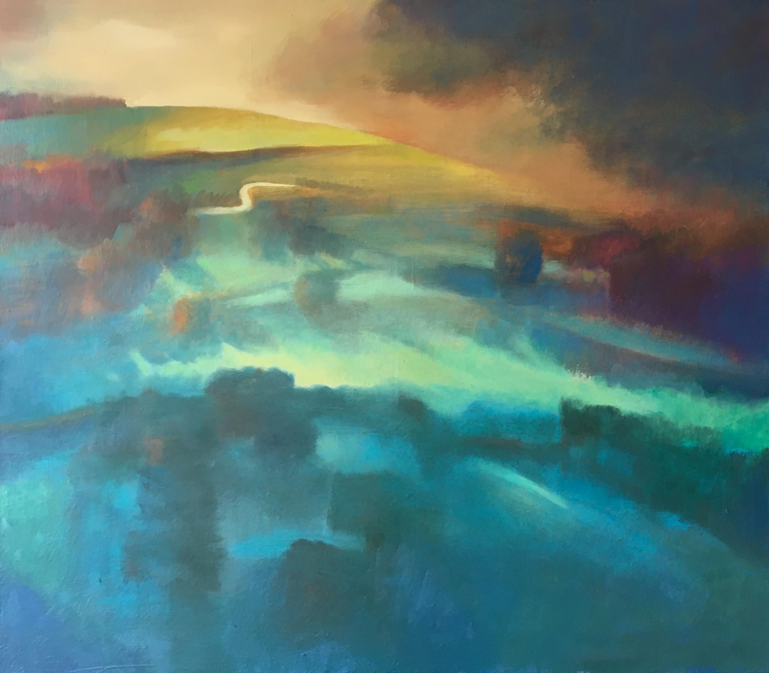 Charlie Baird Abstract Painting - Hilltop Afternoon, Blue and Green Landscape Painting, Dorset Landscape Painting
