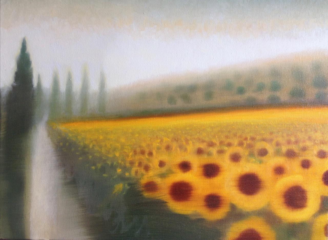 Charlie Baird Figurative Painting - Sunflowers, Yellow Landscape Painting, Artwork for you Kitchen, Happy Floral Art