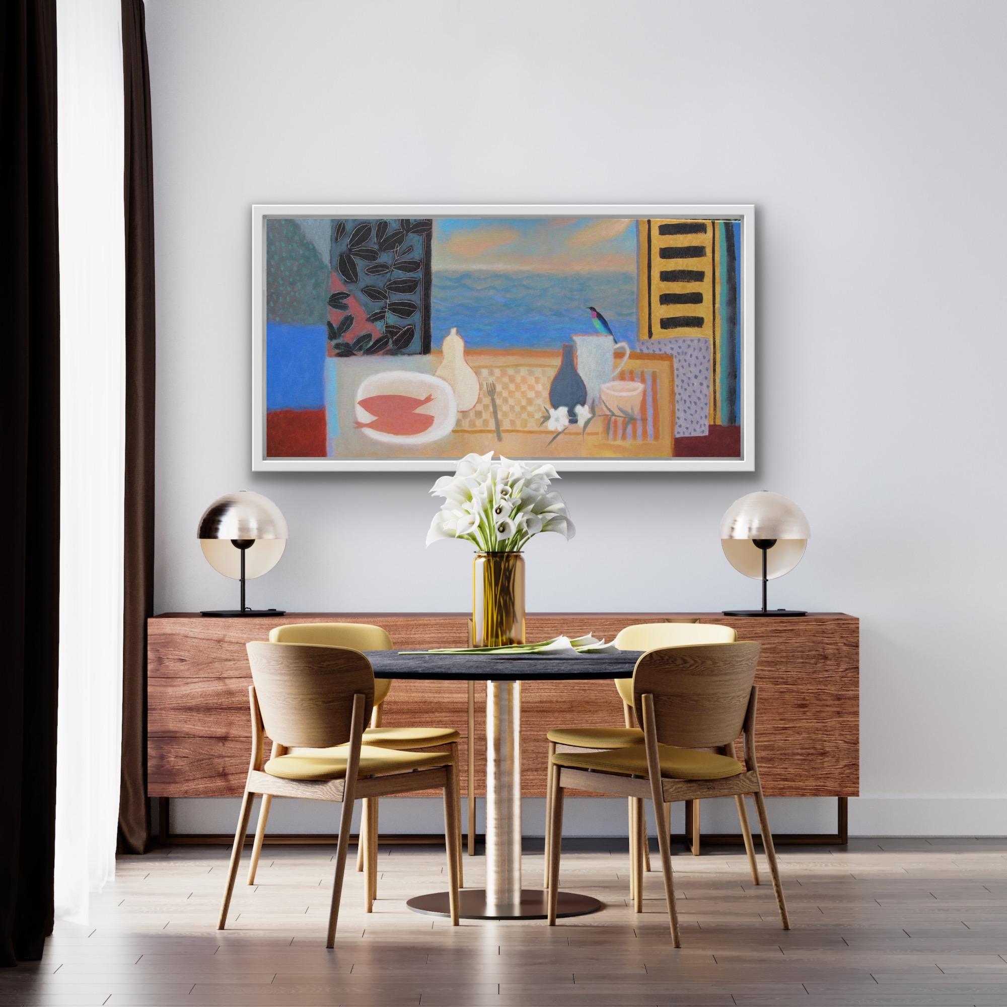 Dos peces y un pájaro, pintura original de bodegón, arte asequible, arte de estilo naïf - Painting de Charlie Baird