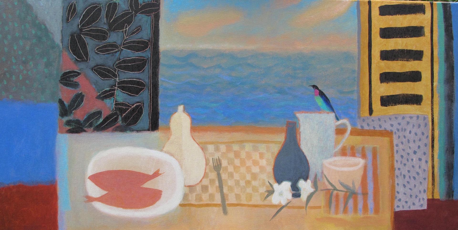 Two Fish and Bird, Original Still Life Painting, Affordable Art, Naïve Style Art