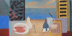 Dos peces y un pájaro, pintura original de bodegón, arte asequible, arte de estilo naïf