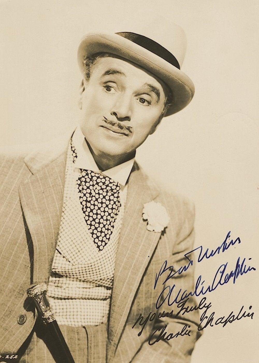 A signed photograph of Charlie Chaplin as his character from the controversial 1947 film Monsieur Verdoux

Charlie Chaplin was the biggest star of the silent era. Born into poverty in Victorian London, he found his way to the stage and on to