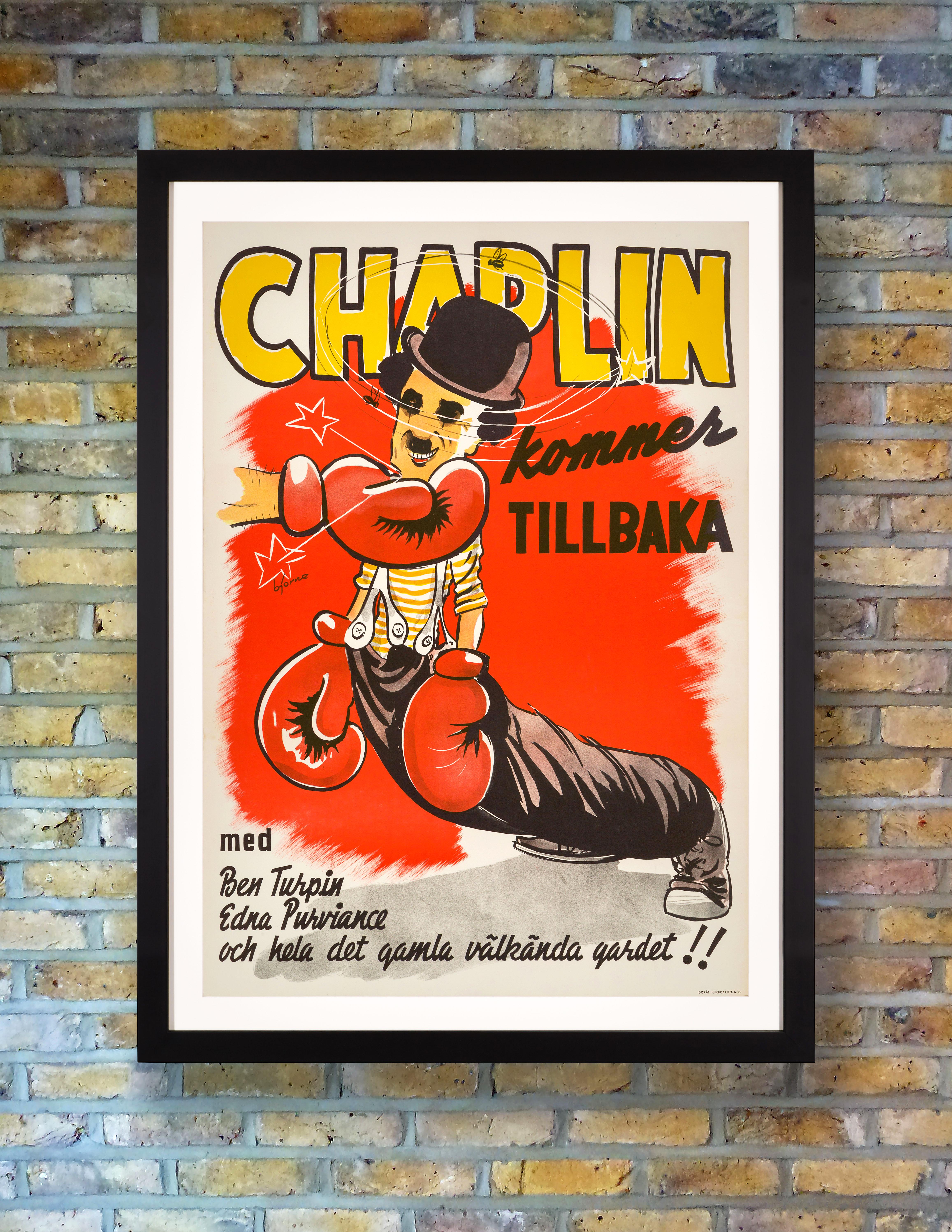 Charlie Chaplin takes a punch on this bold and eye-catching poster for the 1944 Swedish re-release of his 1915 silent comedy short 'The Champion'. Released by Essanay Studios, the boxing short starred Chaplin as the challenger who takes on the world