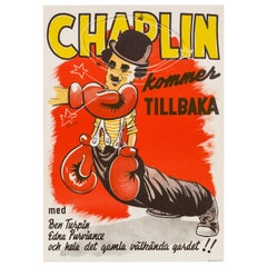 Charlie Chaplin "El Campeón" Cartel de cine original de época, sueco, 1944