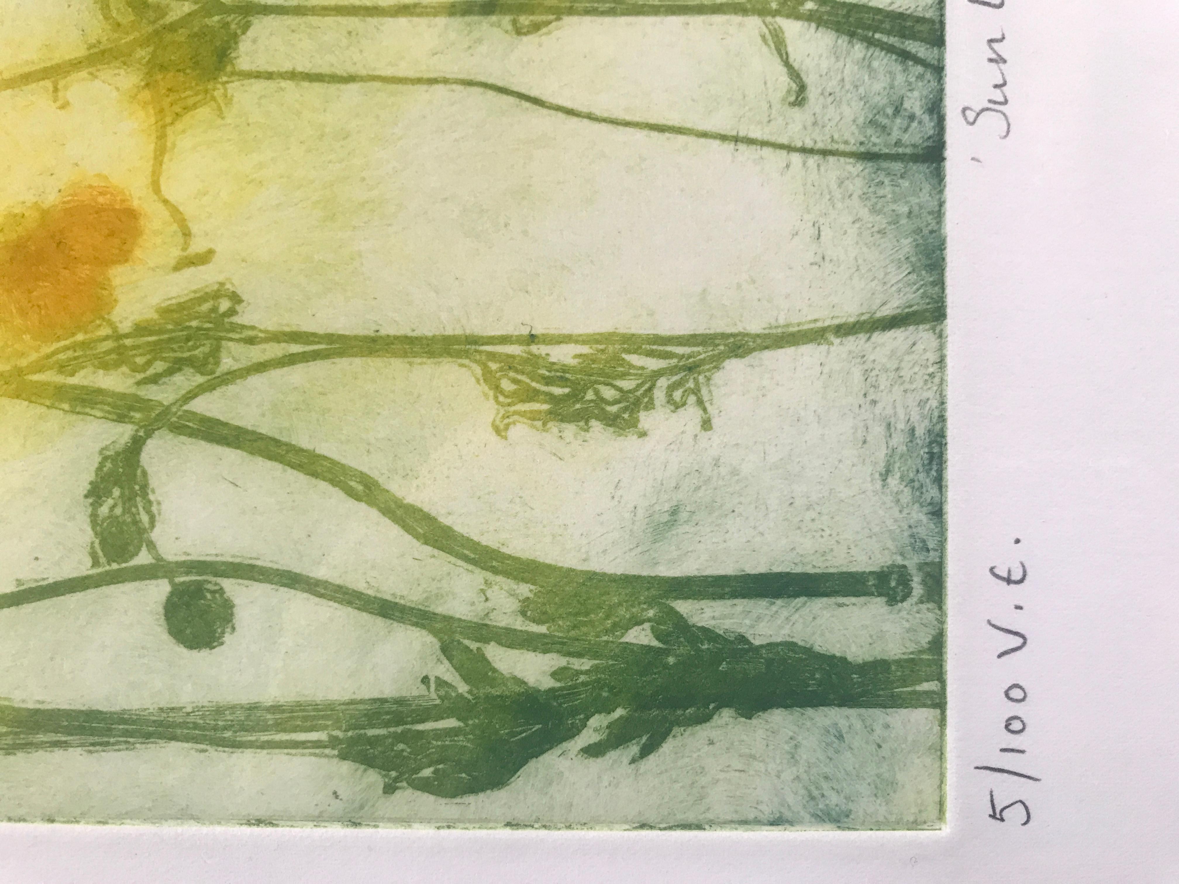 Sunlit Buttercups par Charlie Davies est une impression en édition limitée réalisée à partir de vraies fleurs et de la faune de la nature pour fabriquer la plaque de gravure. Une partie du processus d'impression que Charlie a si bien maîtrisé