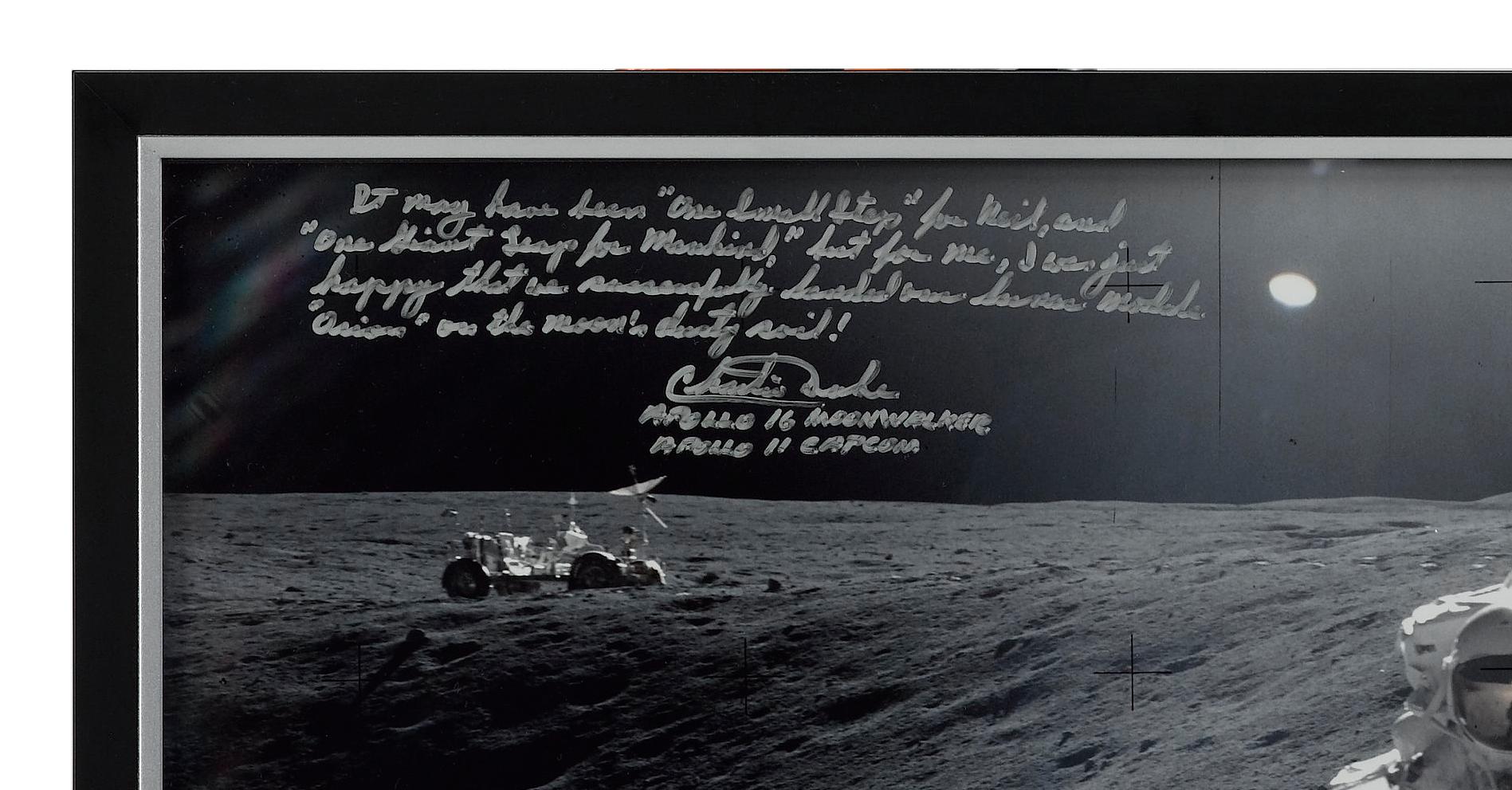 American Charlie Duke Signed Photograph of Apollo 16 Moonwalk For Sale