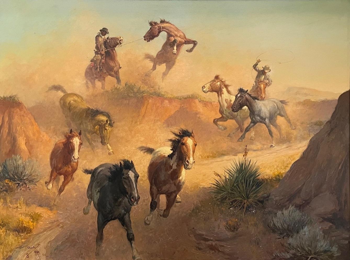 'Mustang Ballet' Oil on Linen, Signed “Charlie Dye” with branding iron symbol - Painting by  Charlie Dye