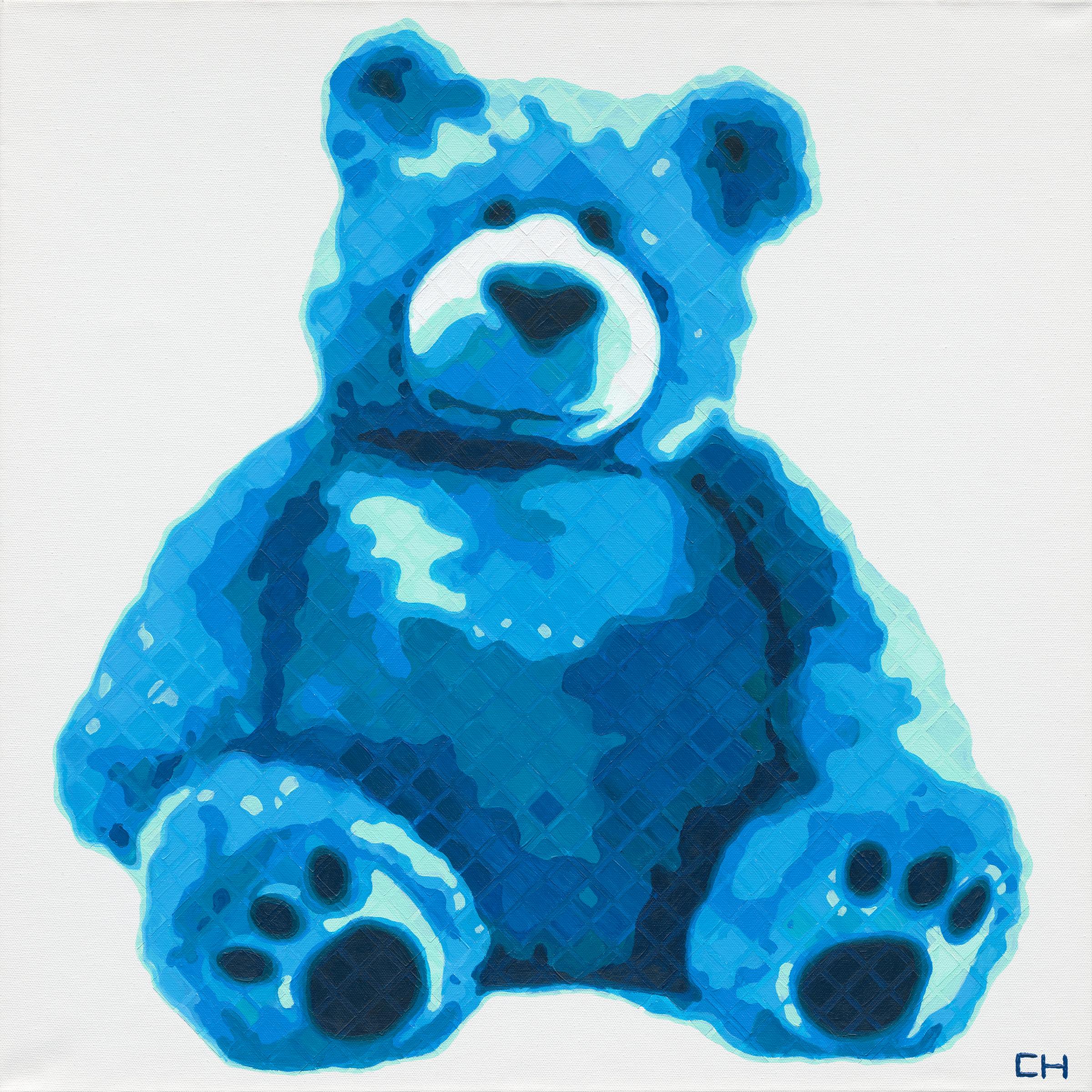 Charlie Hanavich Abstract Painting - "Teddy in Blue" - Contemporary Pointillist Painting - Teddy Bear - Chuck Close