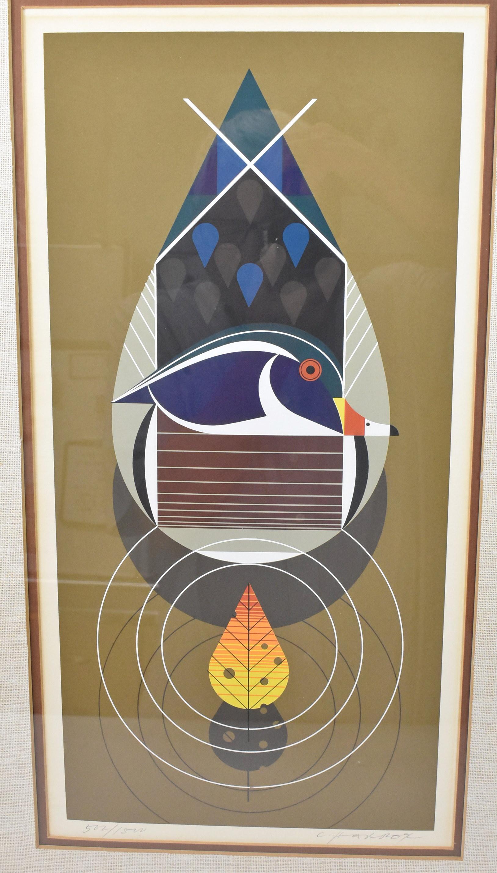 Charlie Harper Modern Serigraph of a Wood Duck. 1973 Framed Serigraph of a wood duck in Art Deco Style. Signed in lower righthand corner and from an edition 502/1500. Serigraph Series, No. 26. Excellent condition. Slight toning. Image measures 10