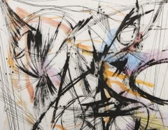 Wheels in Motion, Abstract Expressionist Hand Colored Etching by Charlie Hewitt