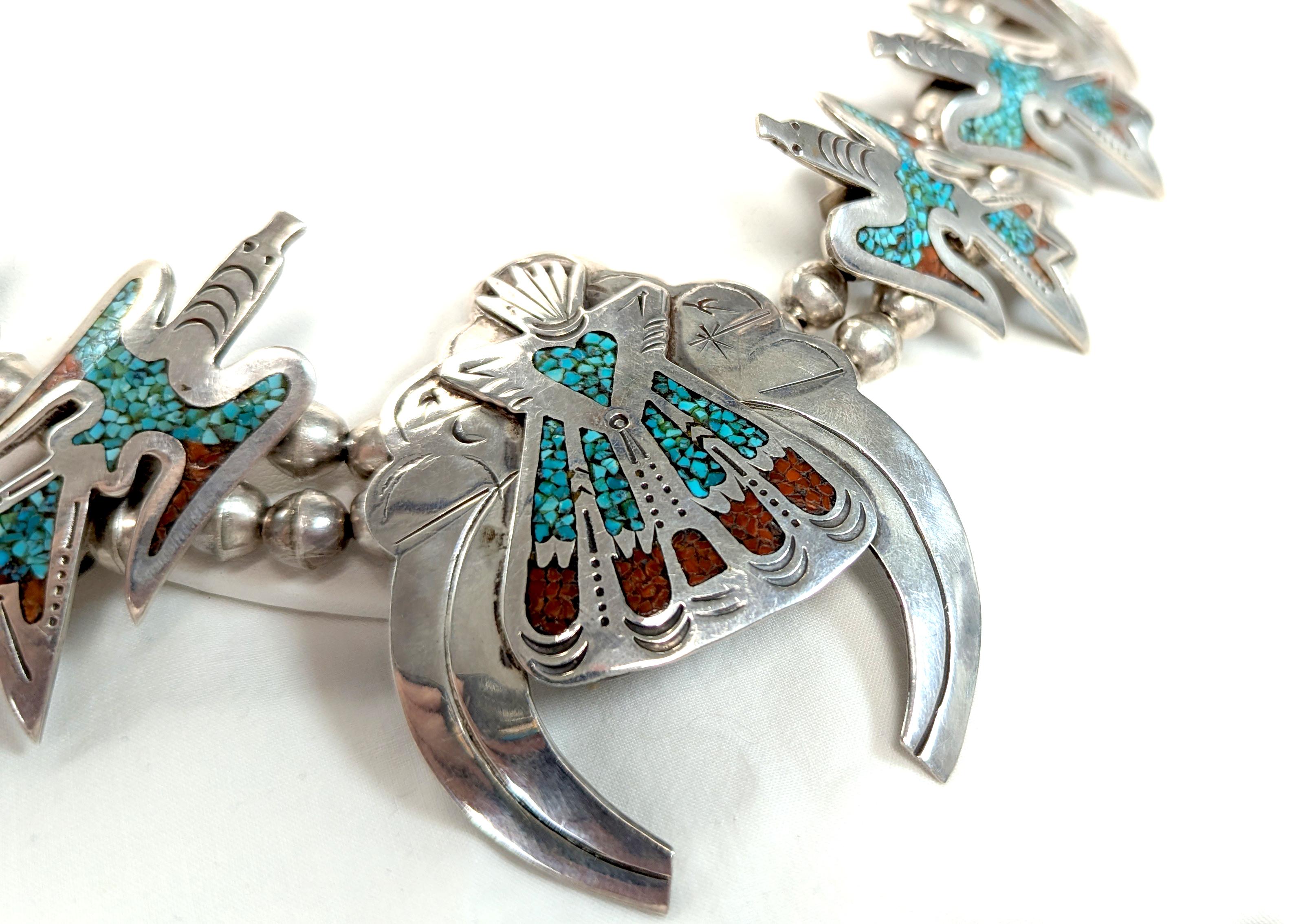 Tumbled Charlie John Turquoise Coral Squash Blossom Necklace Navajo Sterling Silver For Sale