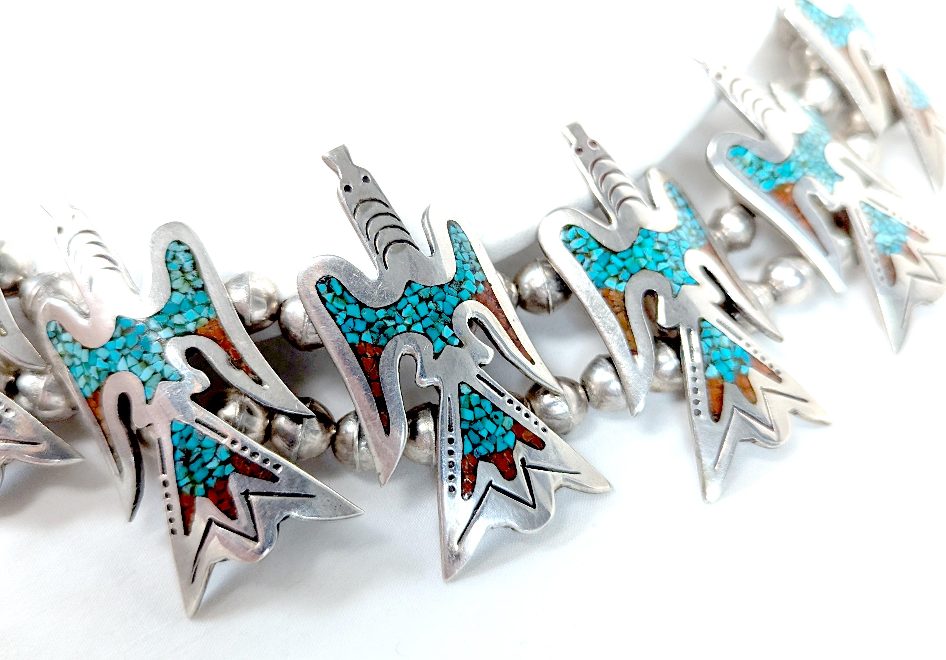 Charlie John Turquoise Coral Squash Blossom Necklace Navajo Sterling Silver In Excellent Condition For Sale In Dearborn, MI