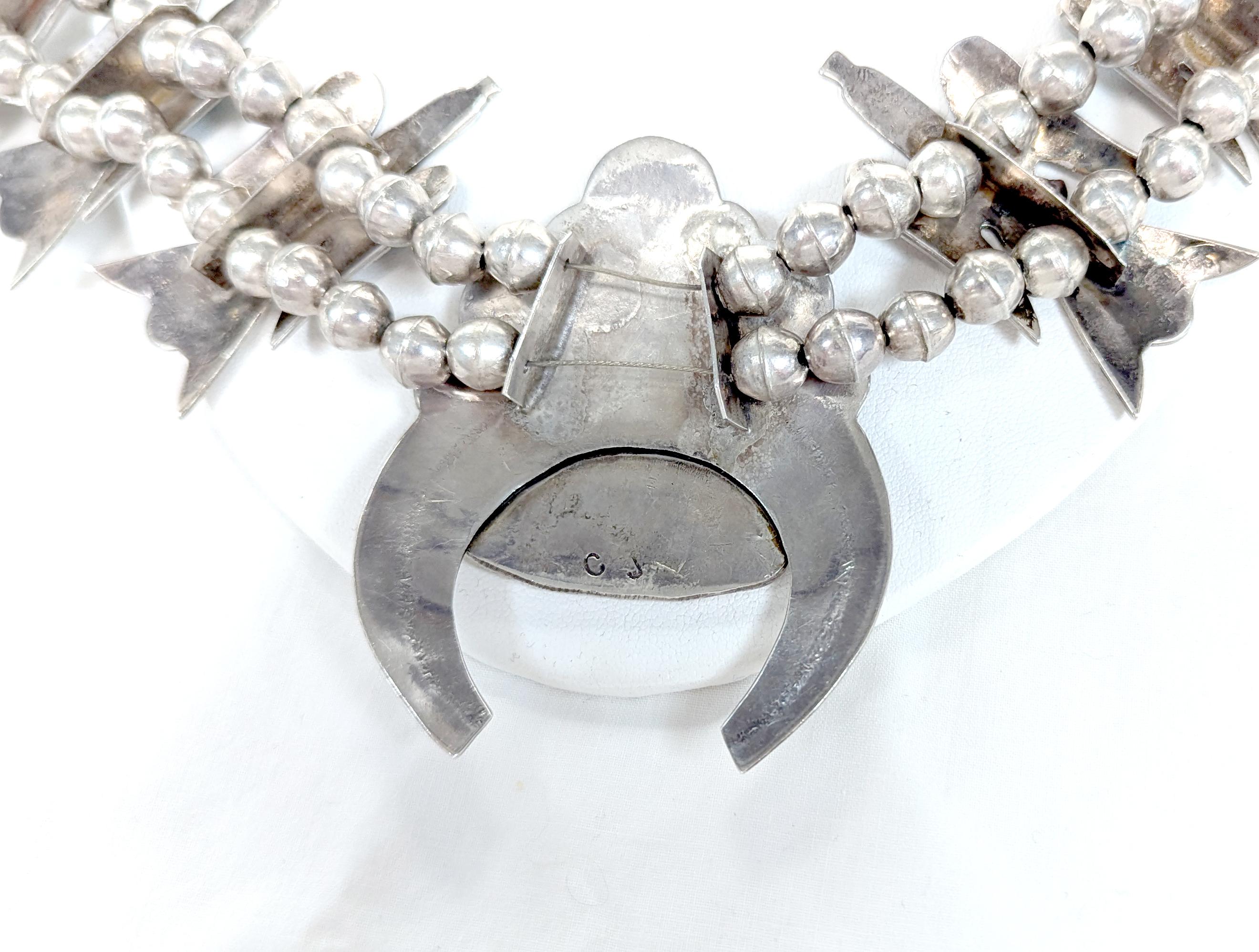 Women's or Men's Charlie John Turquoise Coral Squash Blossom Necklace Navajo Sterling Silver For Sale