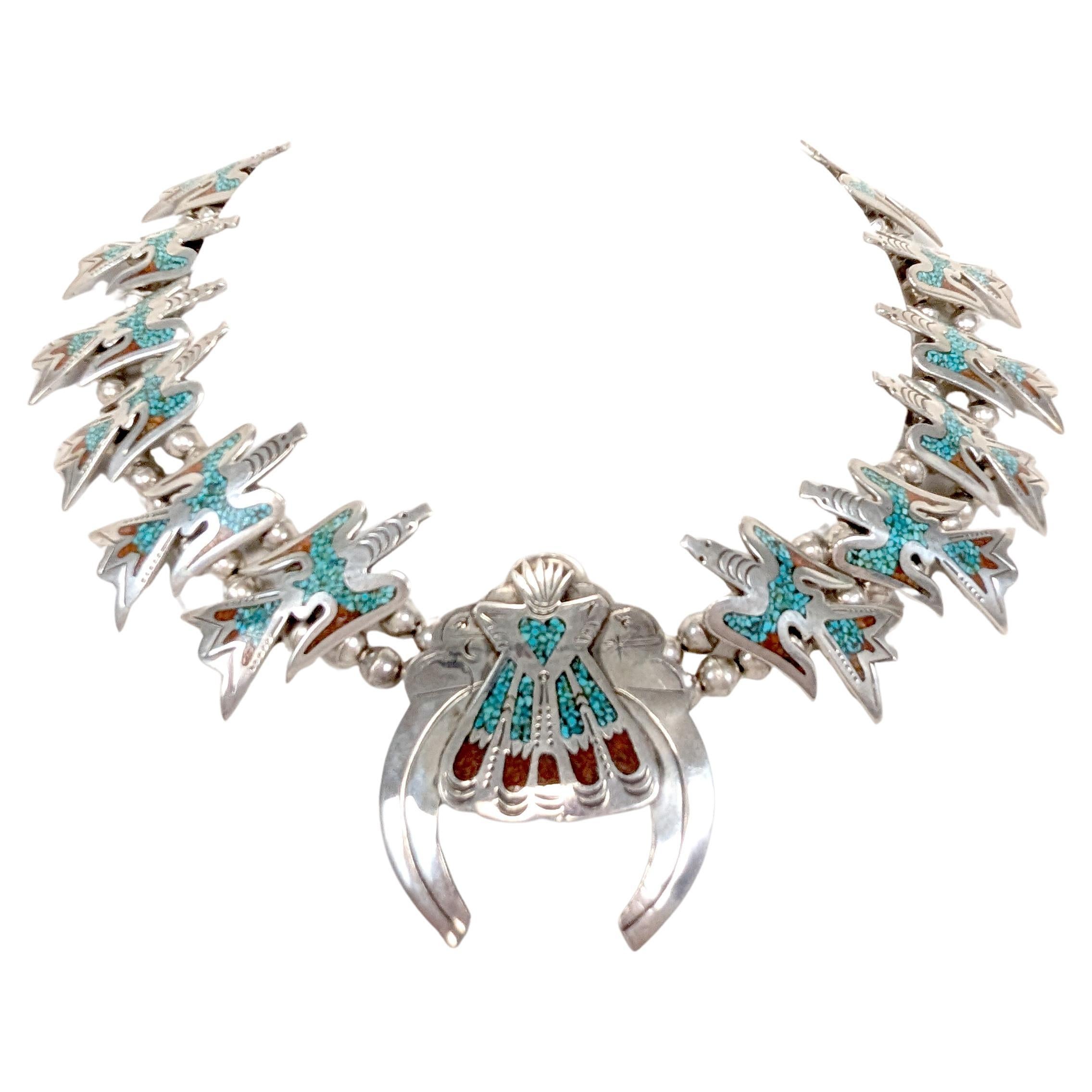 Charlie Johns Collana con corallo turchese e fiori di zucca Navajo Sterling Silver