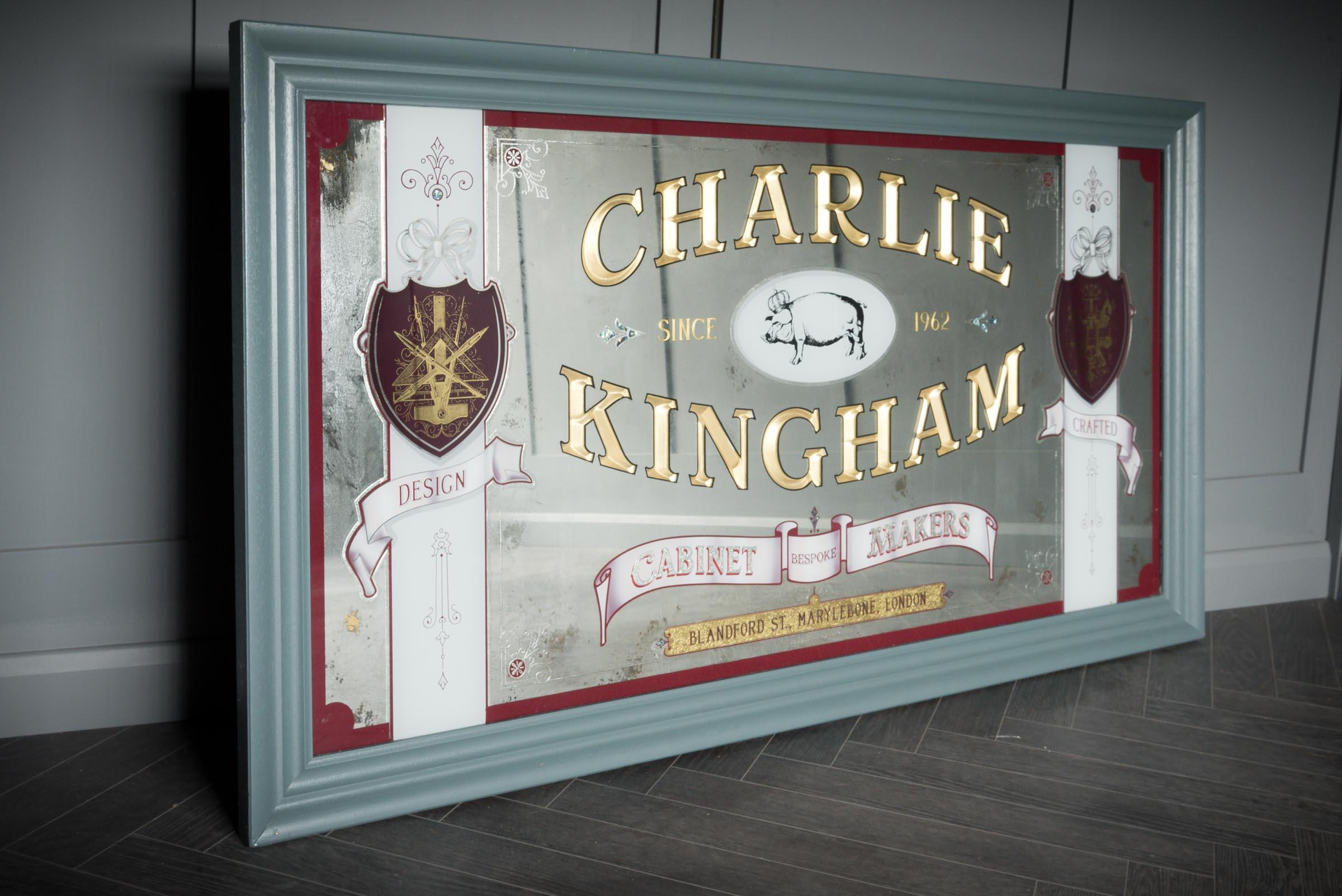 The original signing from the first Charlie Kingham Cabinetmakers shop in Marylebone, London. An imposing mirrored sign with stunning lettering which would brighten up any space and could look particularly wonderful on the wall of a restaurant or