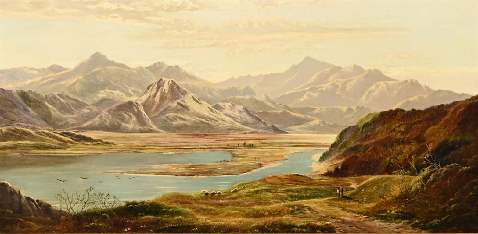 Fina escena victoriana de un lago de las Tierras Altas escocesas, óleo original firmado - Painting de Charlie Leslie