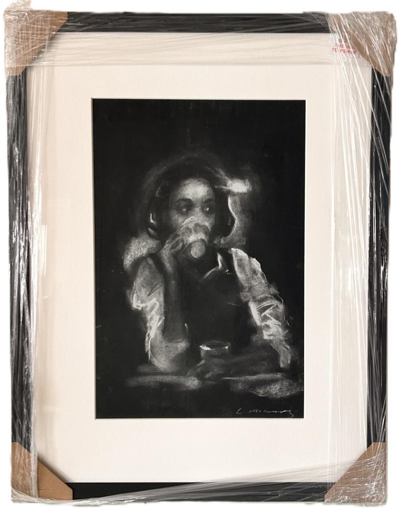 Girl Drinking-figurative, contemporary, original charcoal, female, signed, cafe For Sale 2