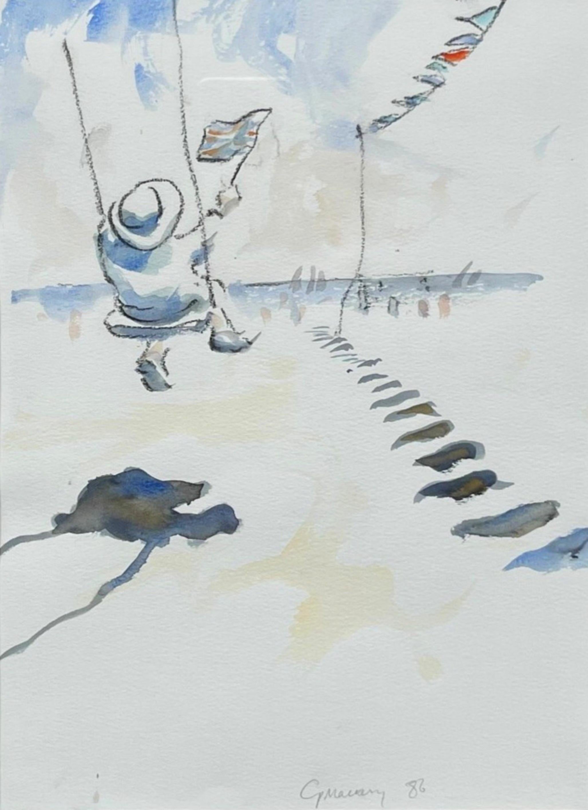 Kind auf einer Schaukel des britischen Künstlers und Illustrators Charlie Mackesy ist ein signiertes und datiertes Vintage-Aquarell aus dem Jahr 1986. 

Dieses Stück fängt einen zärtlichen, sonnenbeschienenen Moment in einer luftigen